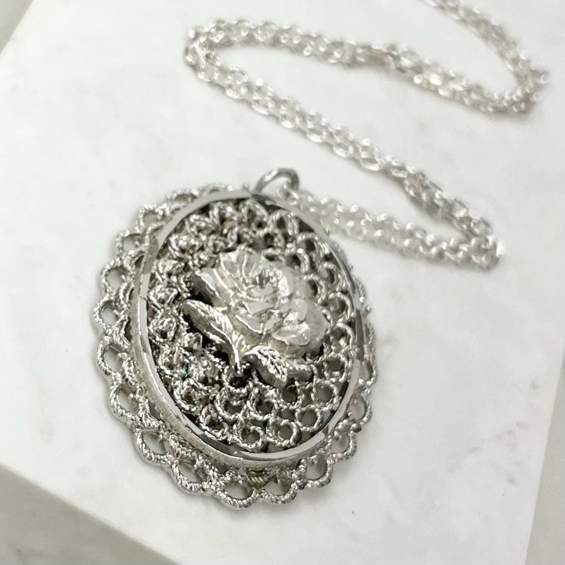 Vintage 1970‘s Floral Rose Silver Tone Filigree Pendant Necklace with an 18” Chain MillyOliverVintage