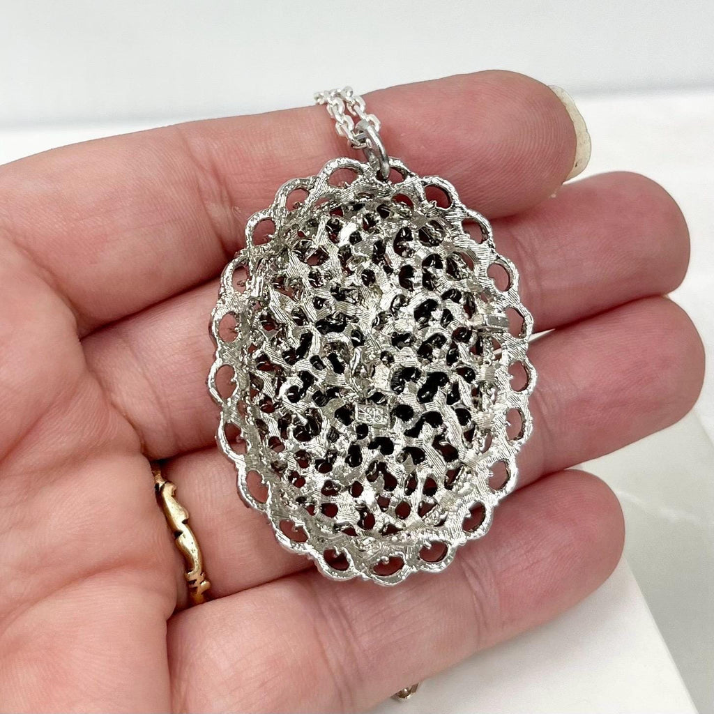 Vintage 1970‘s Floral Rose Silver Tone Filigree Pendant Necklace with an 18” Chain MillyOliverVintage