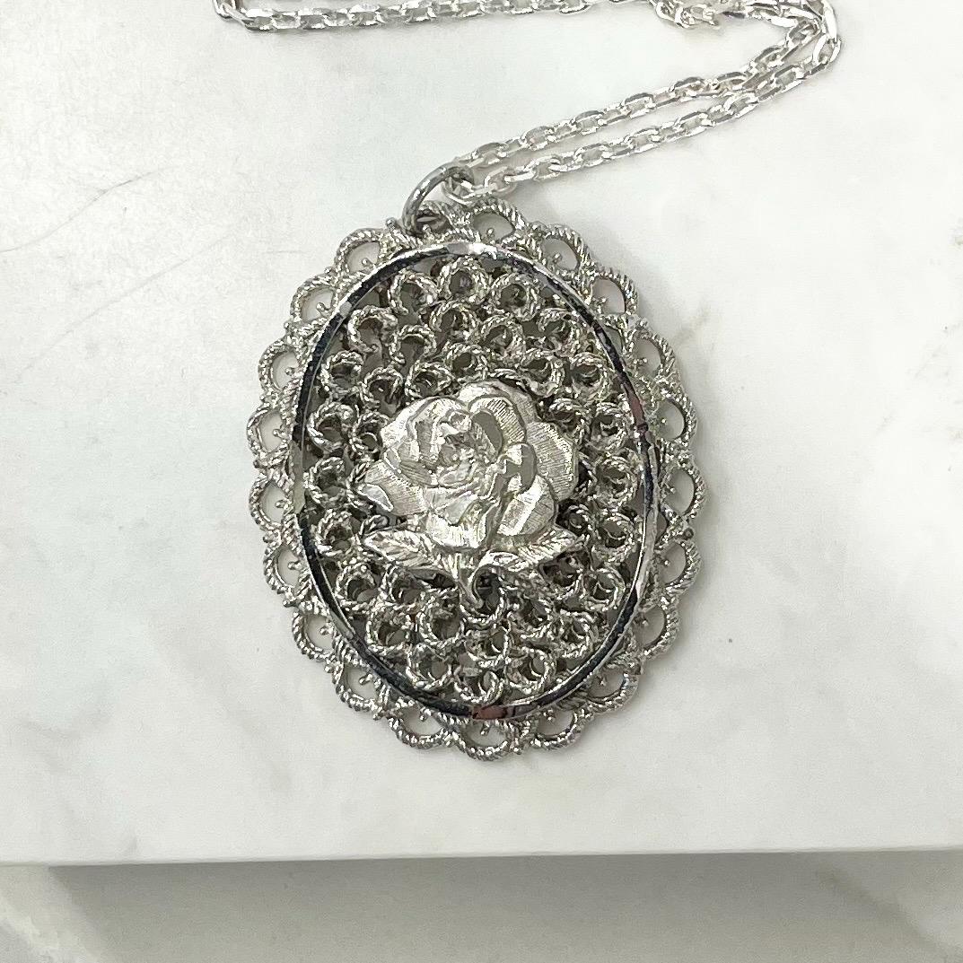 Vintage 1970‘s Floral Rose Silver Tone Filigree Pendant Necklace with an 18” Chain MillyOliverVintage