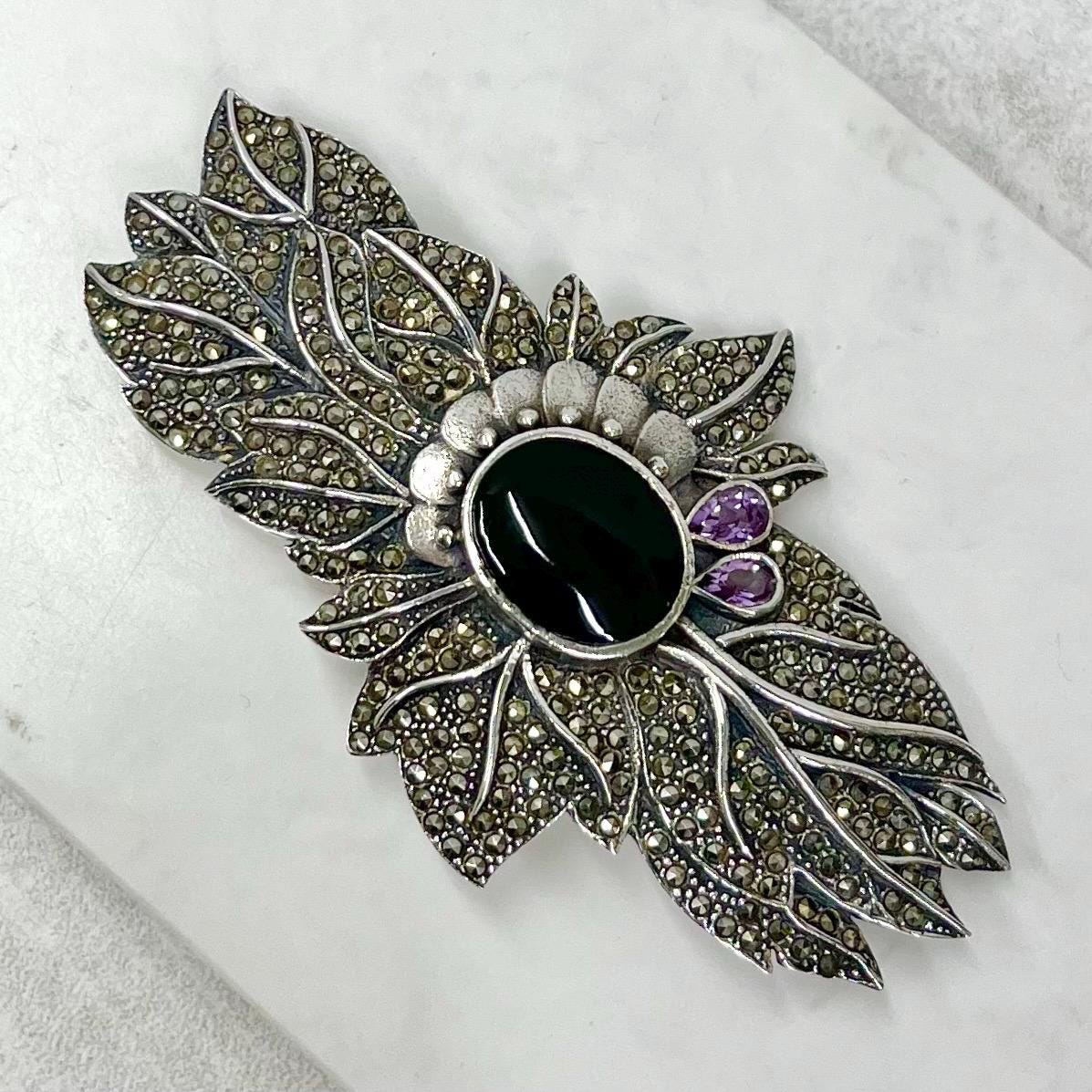 Large Vintage Sterling Silver Marcasite Leaf Brooch with Black Onyx and Amethyst Accents 8.5cm Statement Jewellery MillyOliverVintage