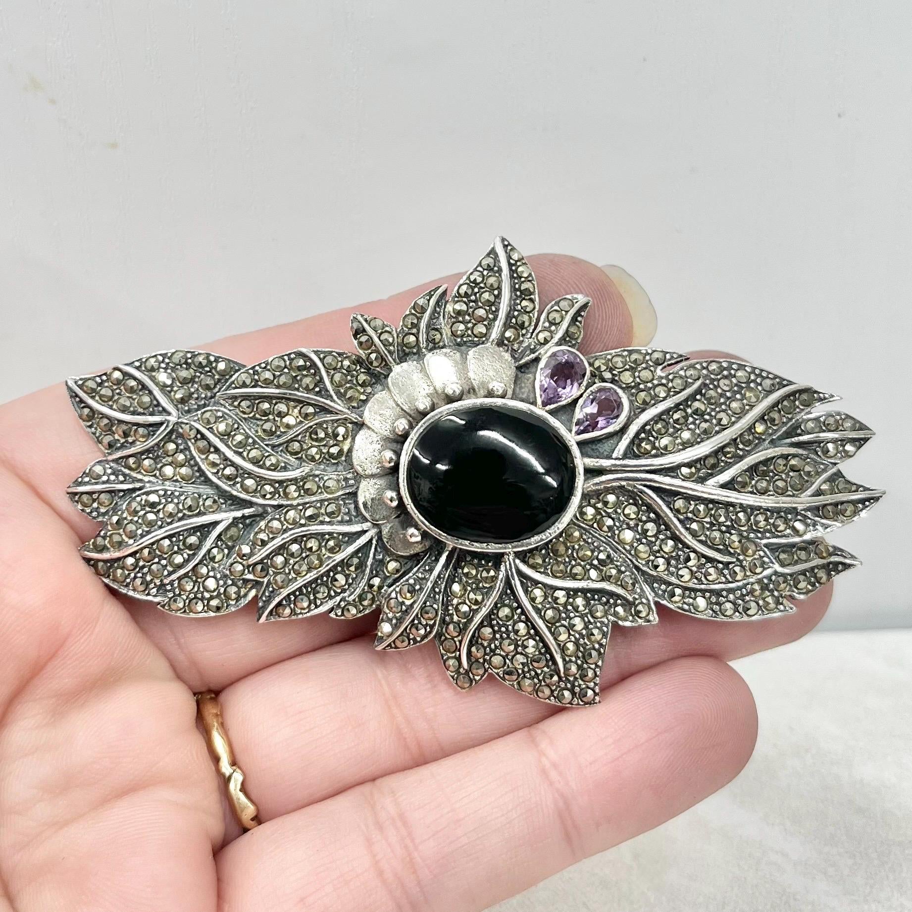 Large Vintage Sterling Silver Marcasite Leaf Brooch with Black Onyx and Amethyst Accents 8.5cm Statement Jewellery MillyOliverVintage