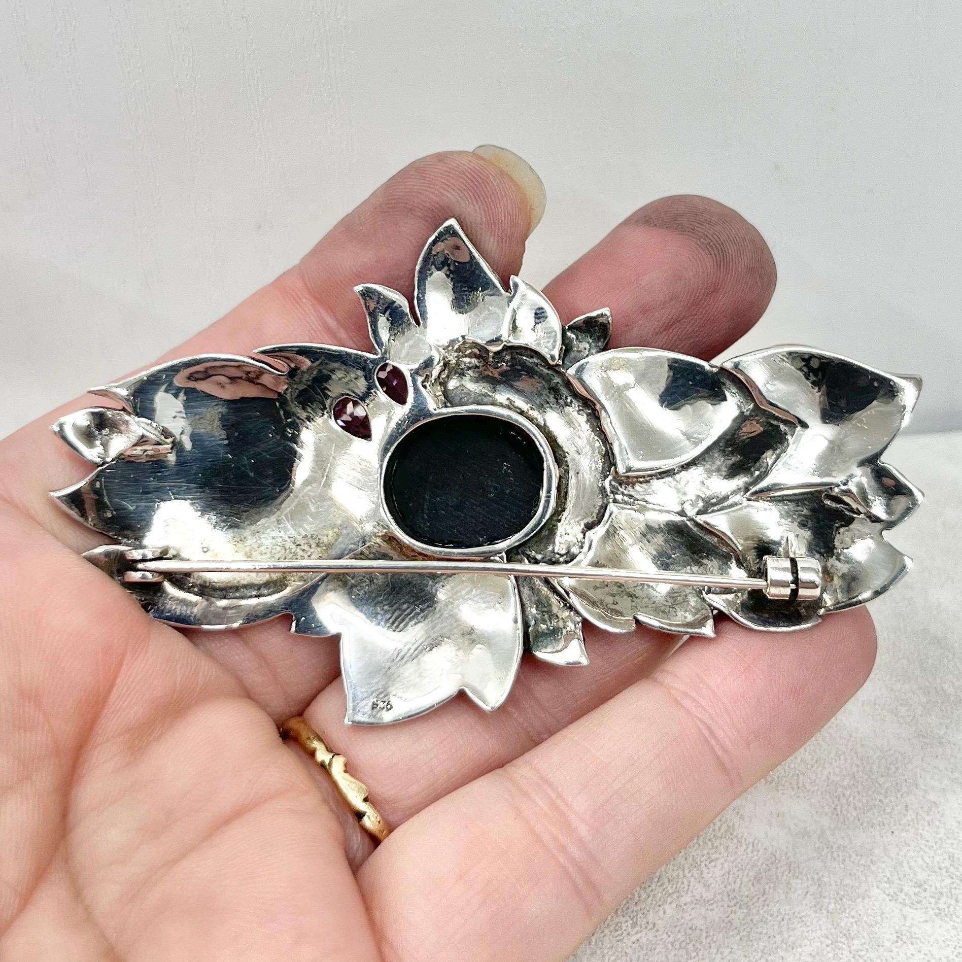 Large Vintage Sterling Silver Marcasite Leaf Brooch with Black Onyx and Amethyst Accents 8.5cm Statement Jewellery MillyOliverVintage