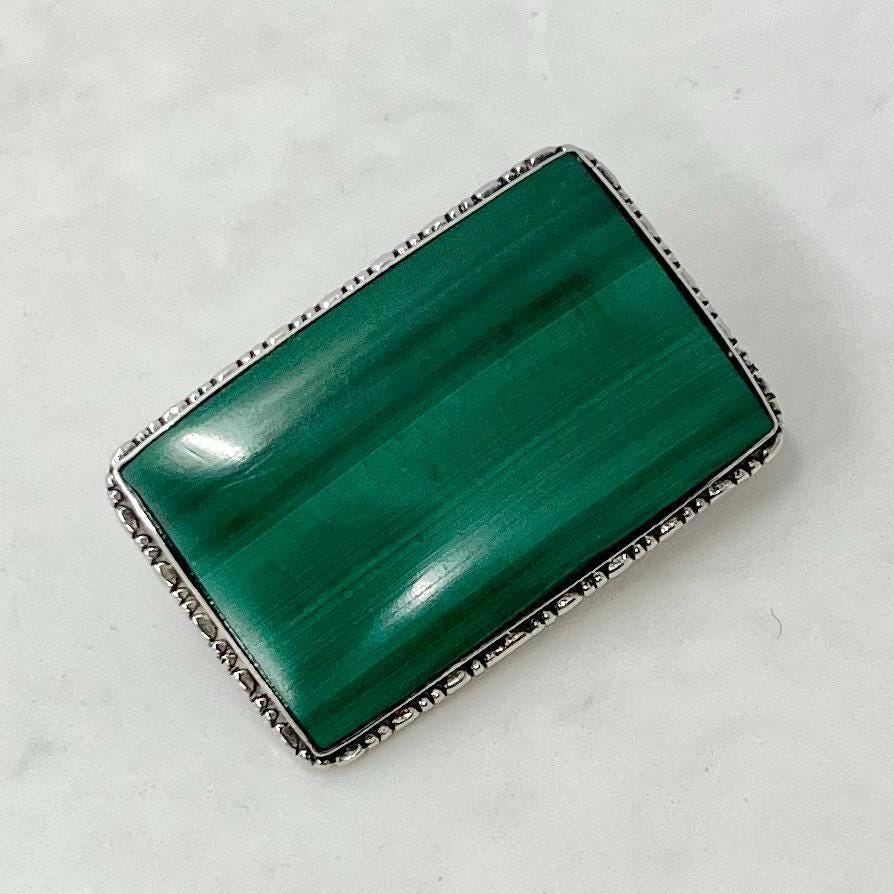 Art Deco Sterling Silver & Green Malachite Brooch MillyOliverVintage