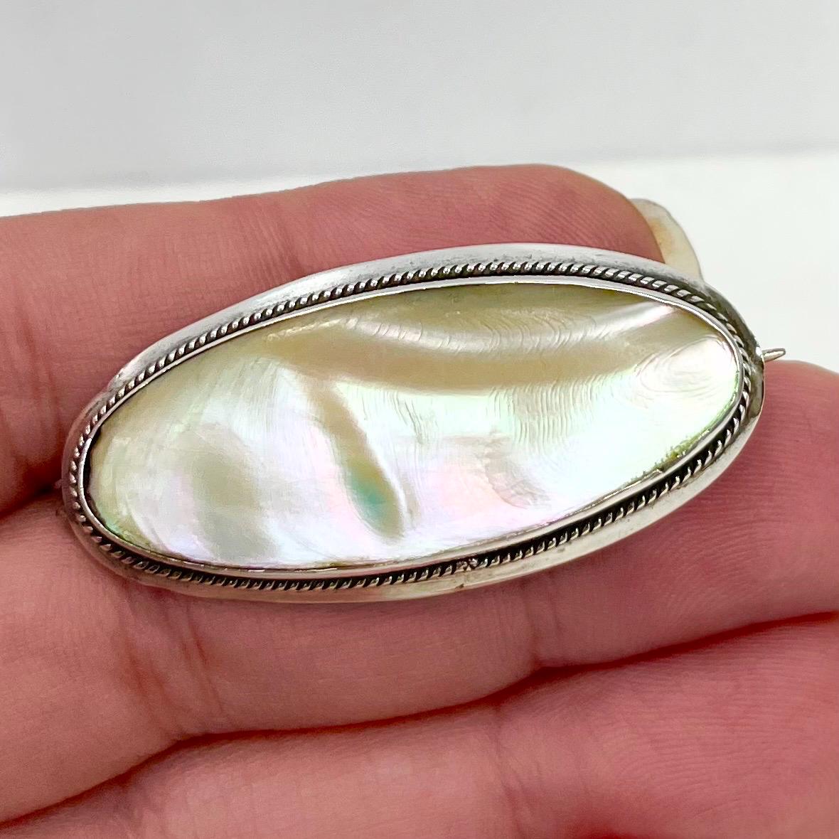 Antique Vintage White Metal & Mother of Pearl Oval Brooch MillyOliverVintage