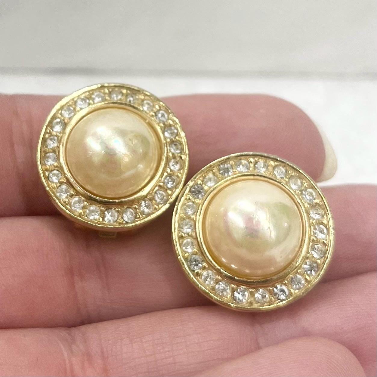 Vintage Christian Dior Gold Plate Faux Pearl & Diamante Halo Clip On Earrings 1970’s - 1980’s MillyOliverVintage