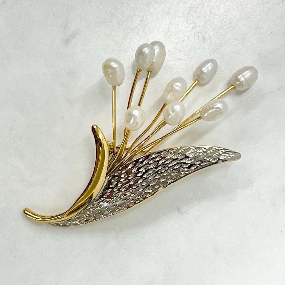 Vintage Gold and Silver Tone Freshwater Pearl Floral Brooch MillyOliverVintage