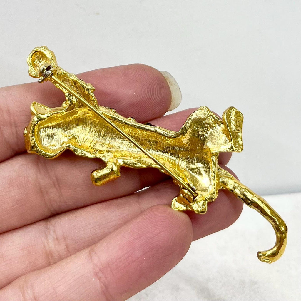 Large Vintage Gold Tone Climbing Leopard Brooch with Clear Crystal Accents MillyOliverVintage