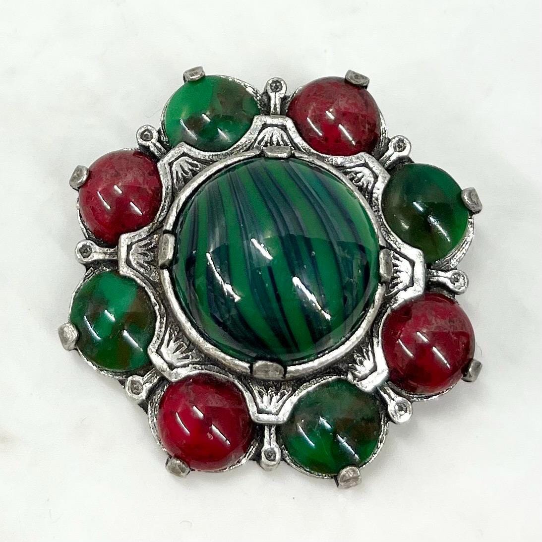 Vintage Christmas Coloured Red & Green Large Celtic Miracle Brooch Silver Tone Costume Jewellery Piece MillyOliverVintage