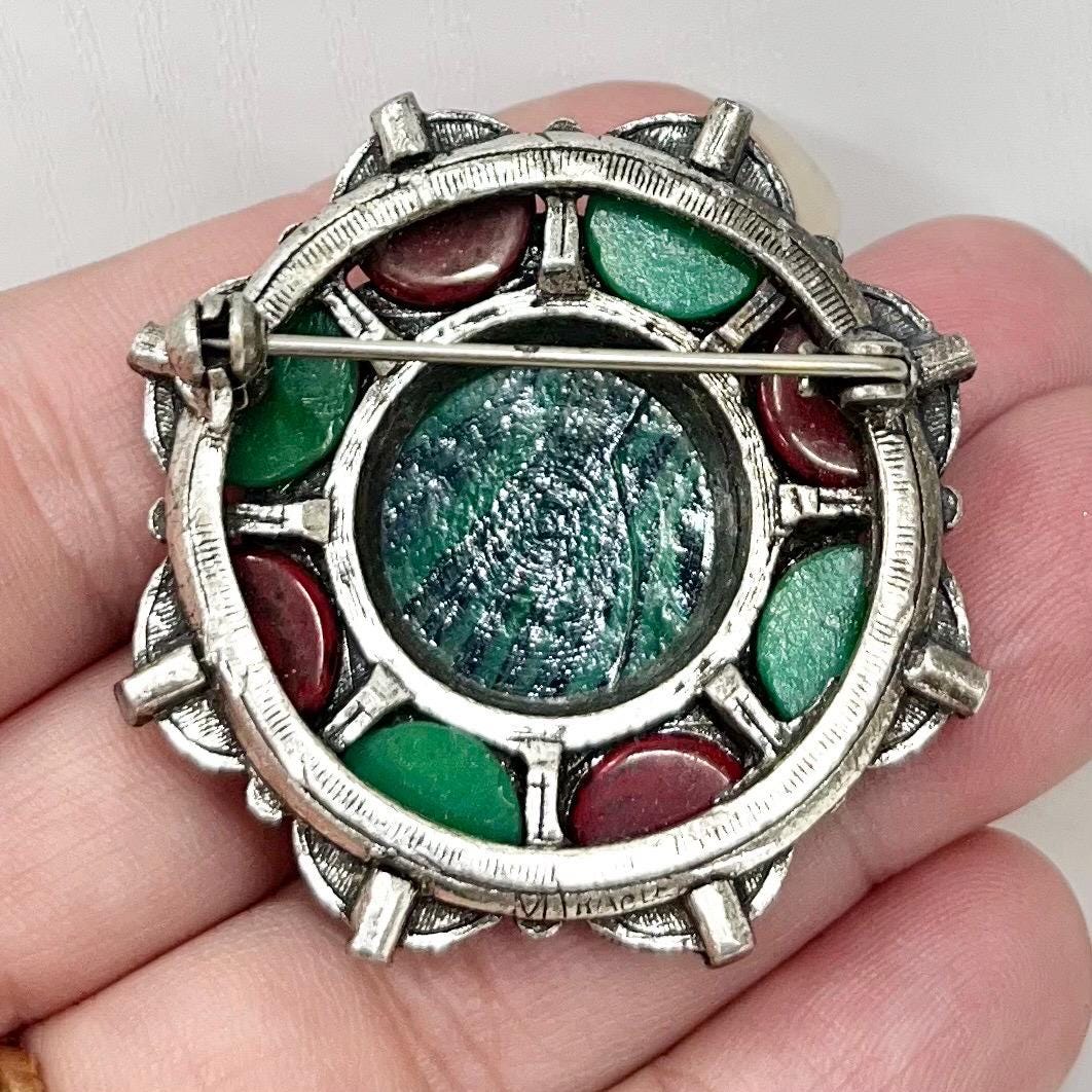 Vintage Christmas Coloured Red & Green Large Celtic Miracle Brooch Silver Tone Costume Jewellery Piece MillyOliverVintage