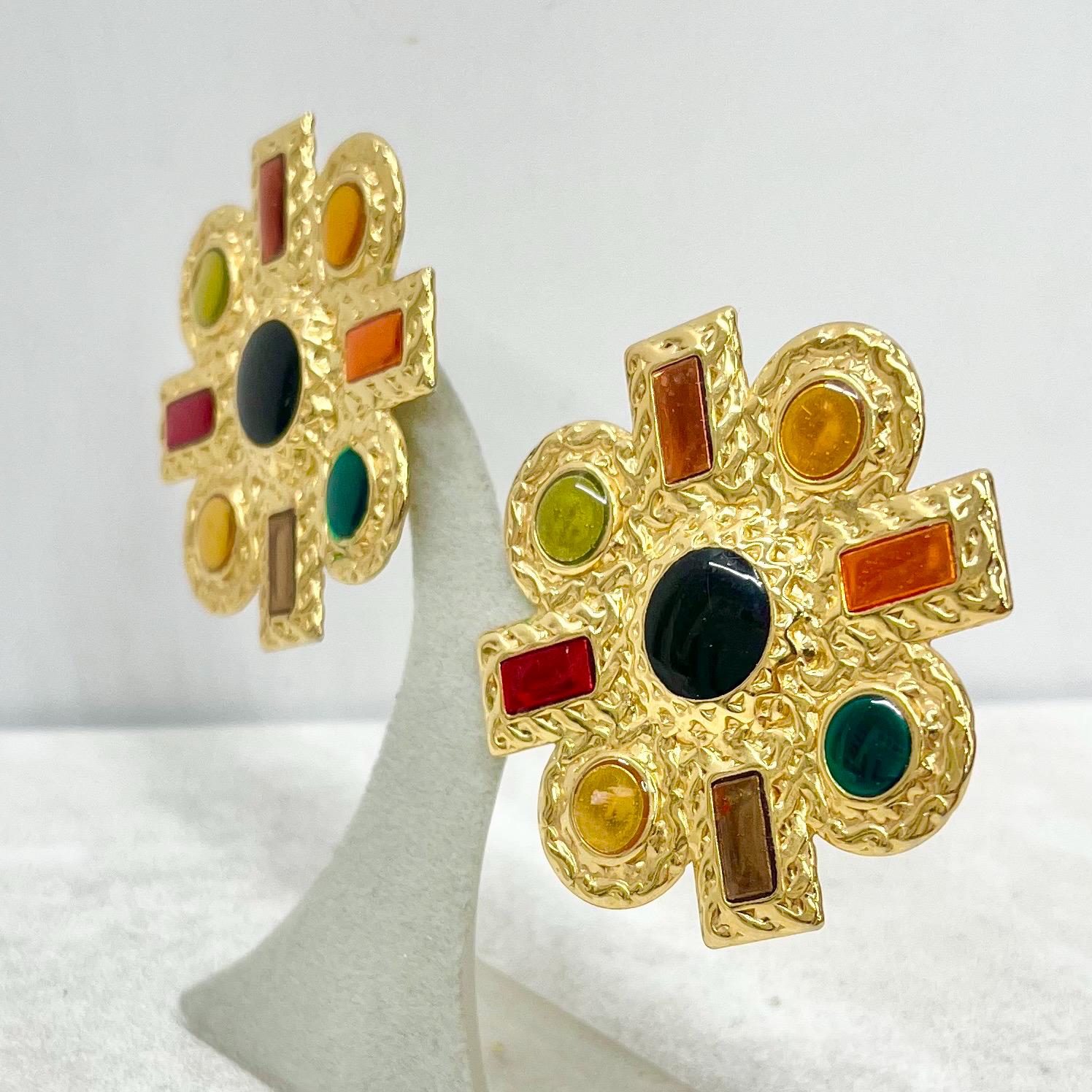 Huge Oversized Vintage Gold Tone Coloured Enamel Clip on Earrings 1980’s - 1990’s MillyOliverVintage