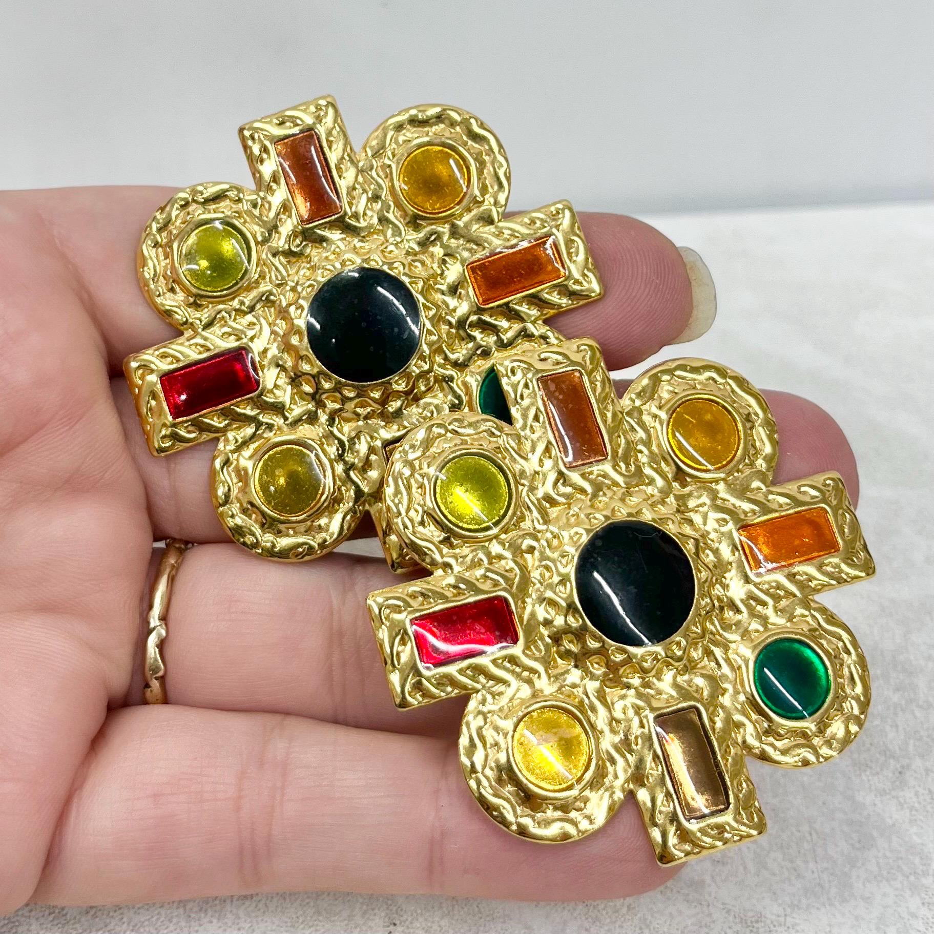 Huge Oversized Vintage Gold Tone Coloured Enamel Clip on Earrings 1980’s - 1990’s MillyOliverVintage