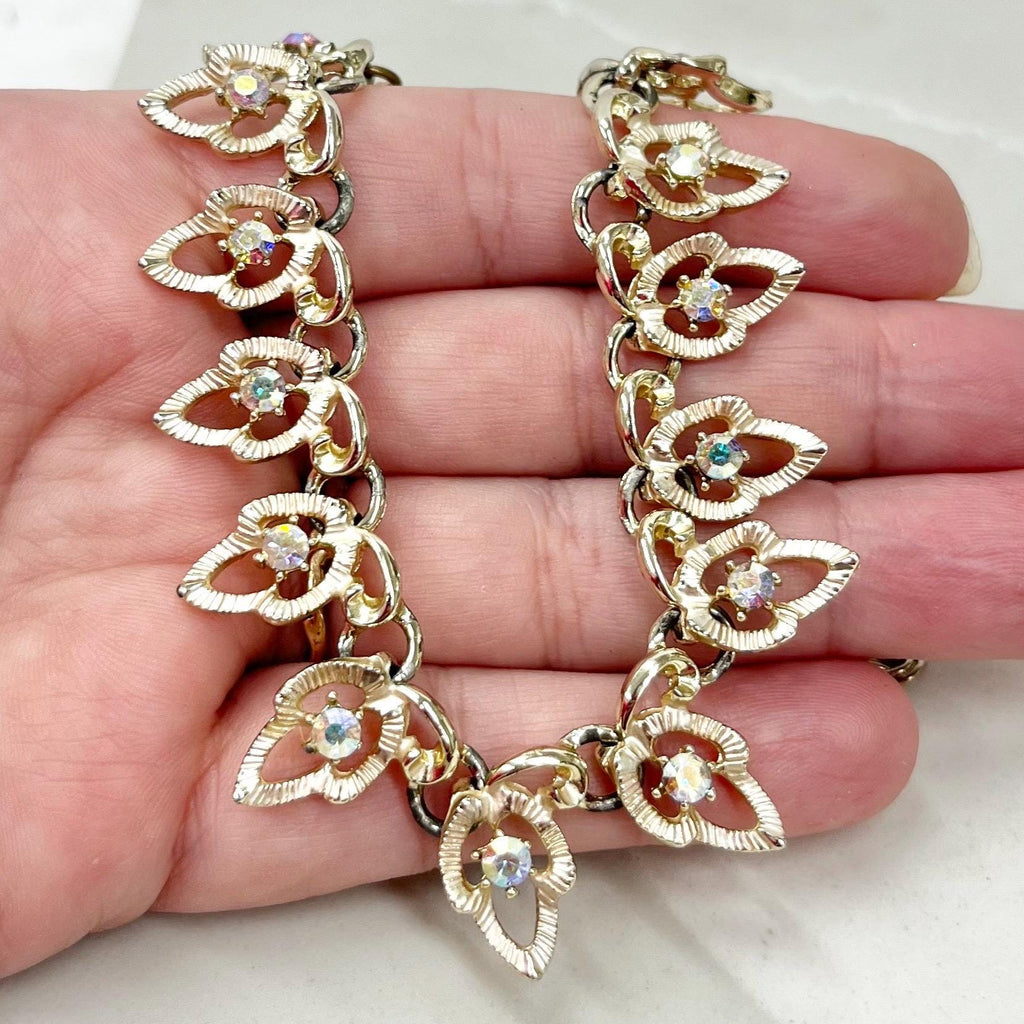 Vintage Gold Tone Leaf Drop Diamante Necklace 1960’s - 1970’s MillyOliverVintage