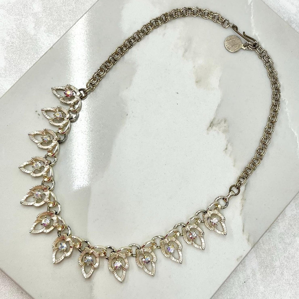 Vintage Gold Tone Leaf Drop Diamante Necklace 1960’s - 1970’s MillyOliverVintage
