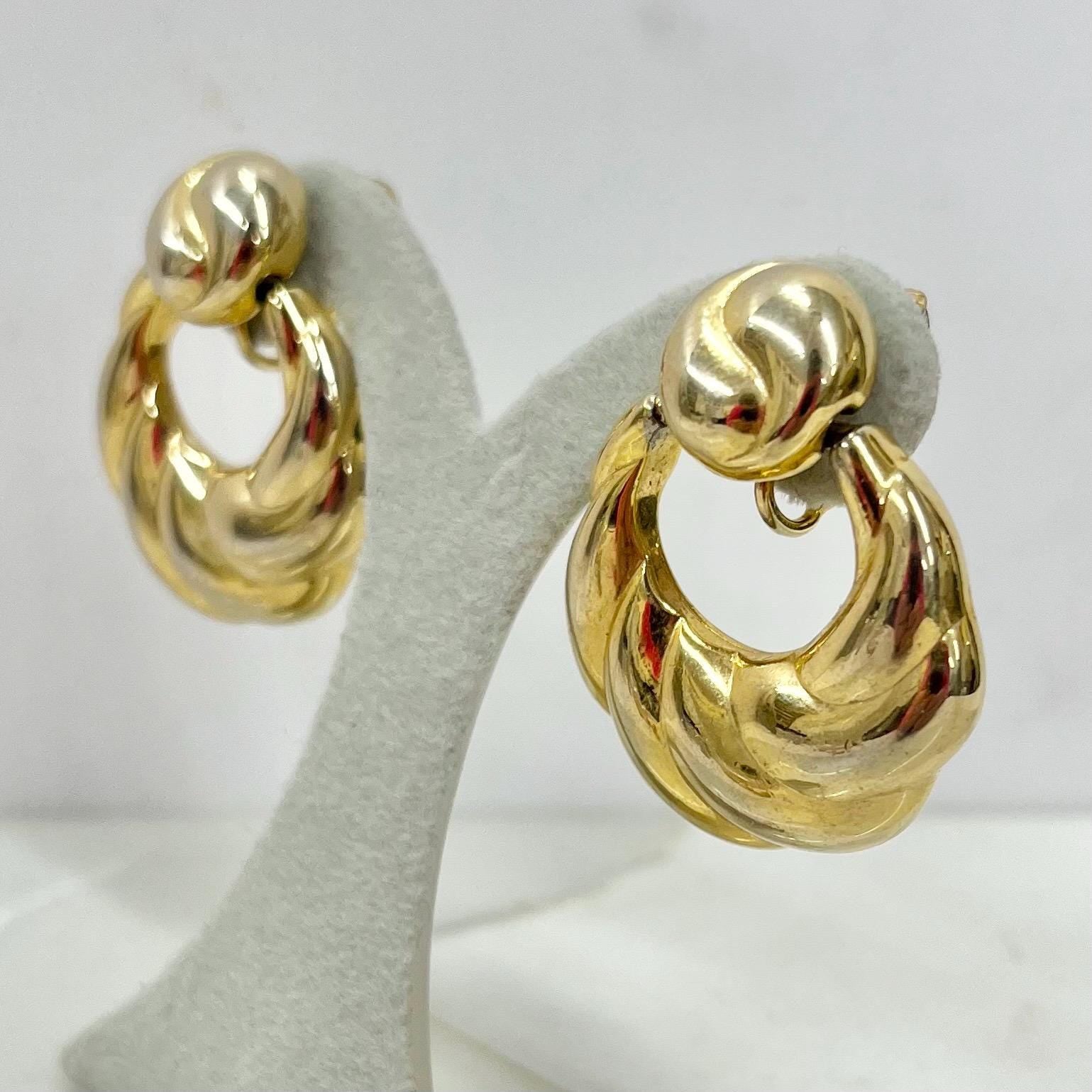 Vintage Gold Plate Large Hoop Drop Clip On Earrings: Hollywood Glamour Signed TAT MillyOliverVintage