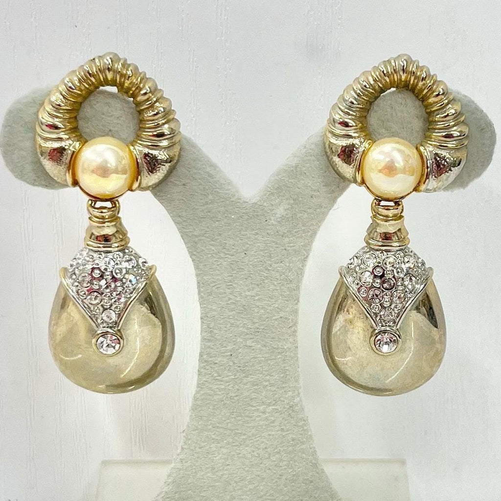 Vintage Gold Tone Diamante Crystal Drop & Faux Pearl Clip On Earrings 1970’s - 1980’s MillyOliverVintage