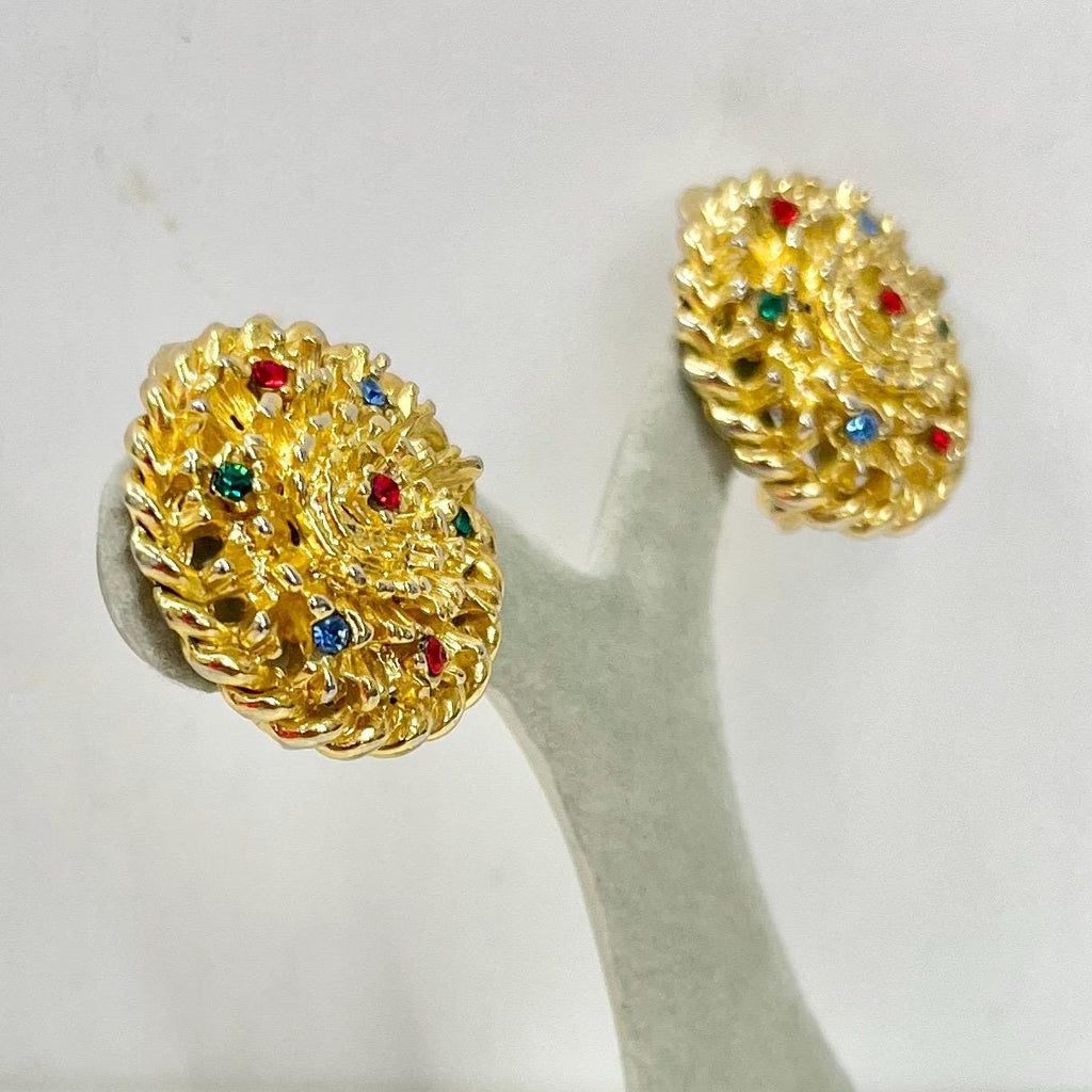 Vintage Gold Tone Round Etruscan Style Clip On Earrings with Diamante Crystal Accents 1970’s - 1980’s MillyOliverVintage