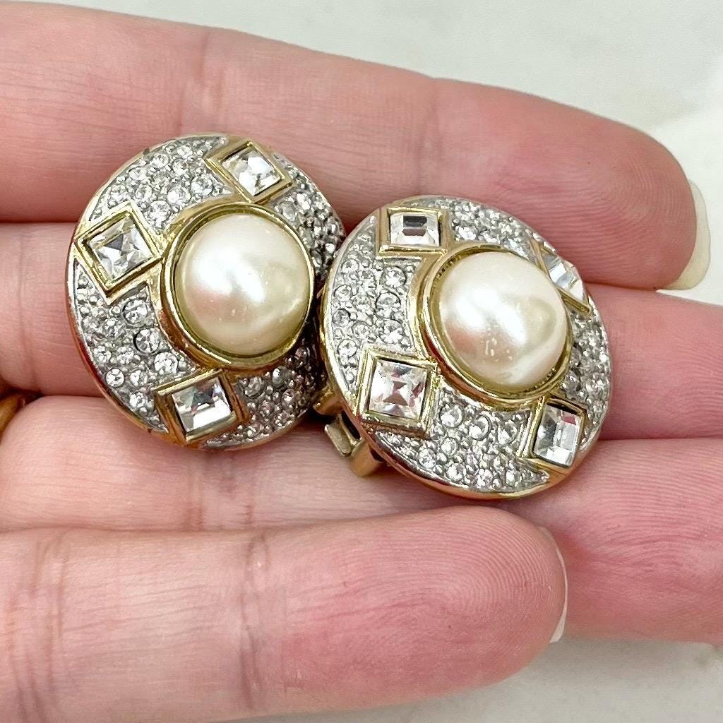 Vintage Gold Tone Round Designer Style Clip On Earrings with Diamante Crystals & Faux Pearls 1970’s - 1980’s MillyOliverVintage