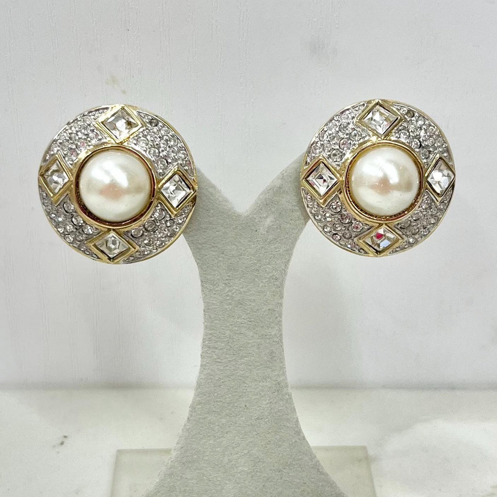 Vintage Gold Tone Round Designer Style Clip On Earrings with Diamante Crystals & Faux Pearls 1970’s - 1980’s MillyOliverVintage