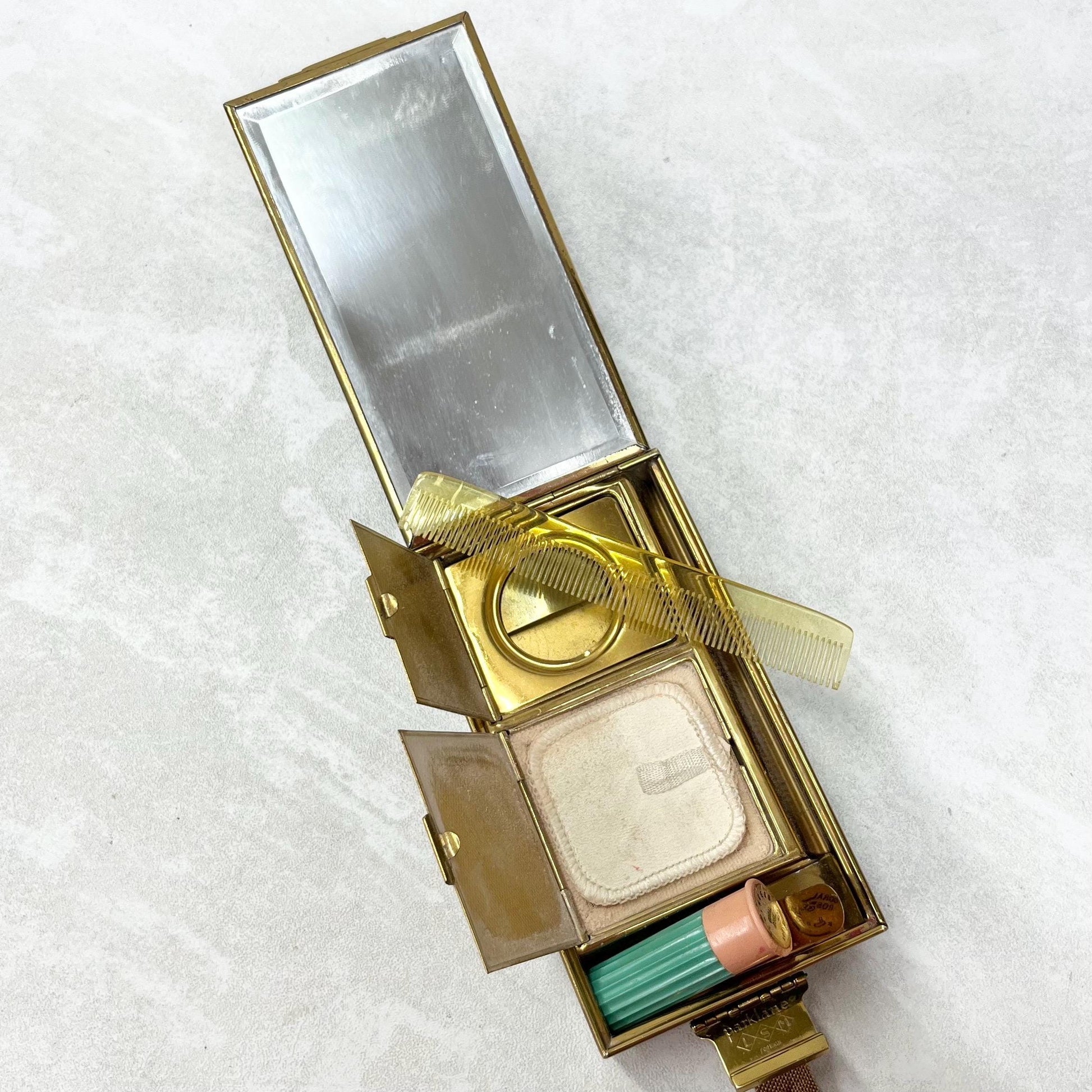 Vintage Park Lane 1930’s Gold Tone Faux Shagreen Compact Vanity Case with Mirror Powder Compact Comb Pouch & Handle MillyOliverVintage