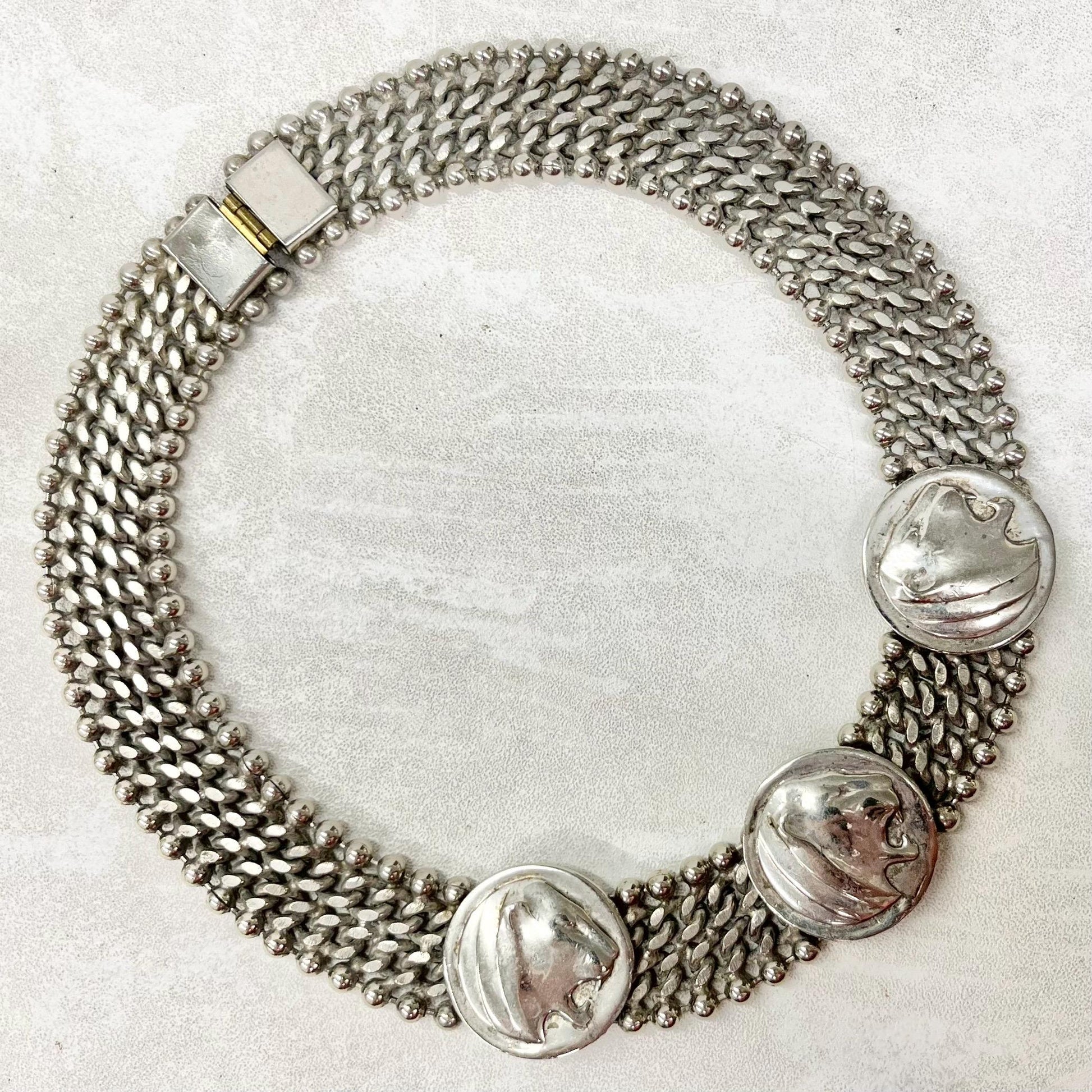 Vintage Unusual Panther Head Chunky Flat Link Collar Necklace - Designer Jewellery MillyOliverVintage