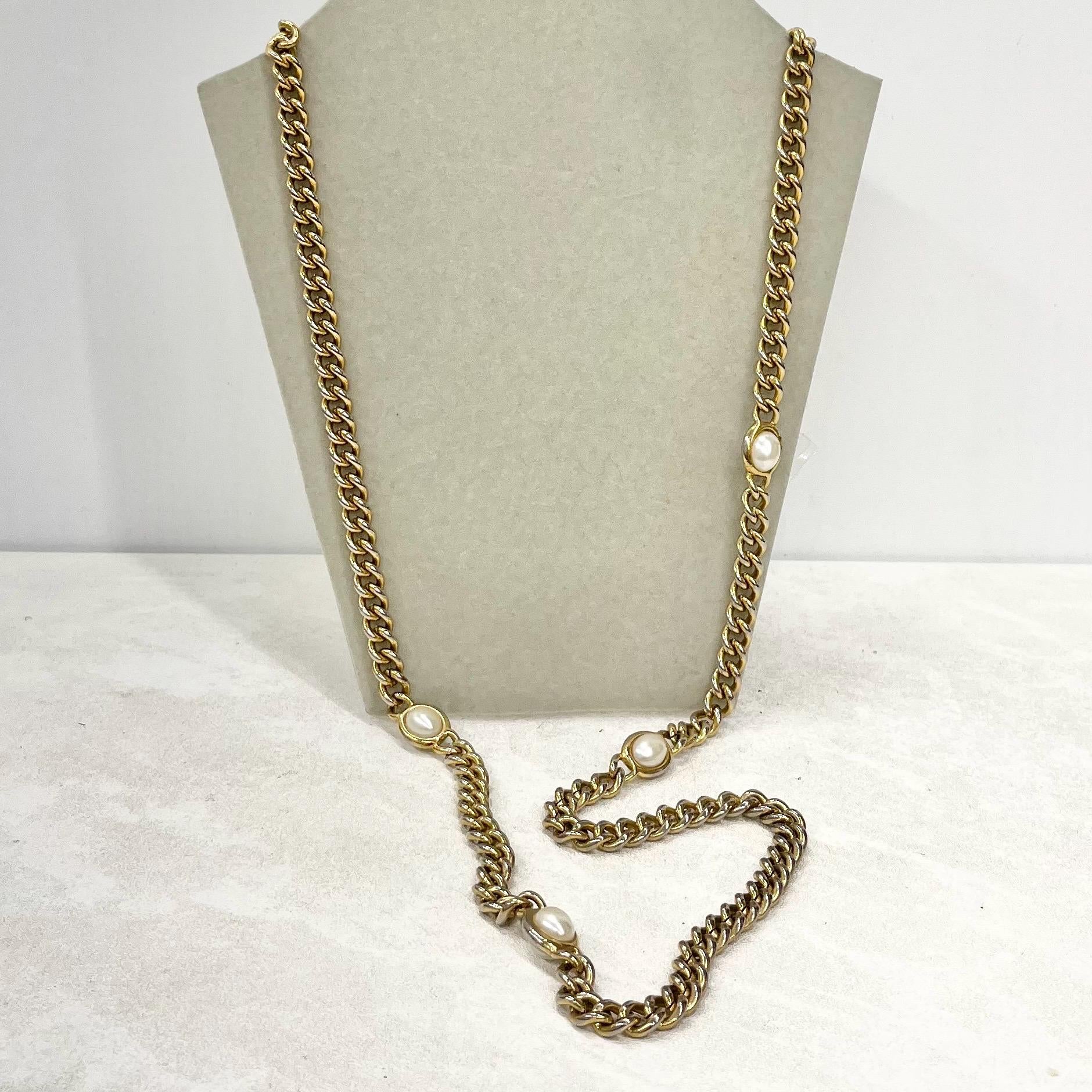 Vintage Long Gold Plate Curb Chain Necklace with Faux Pearl Accents 36” Long MillyOliverVintage