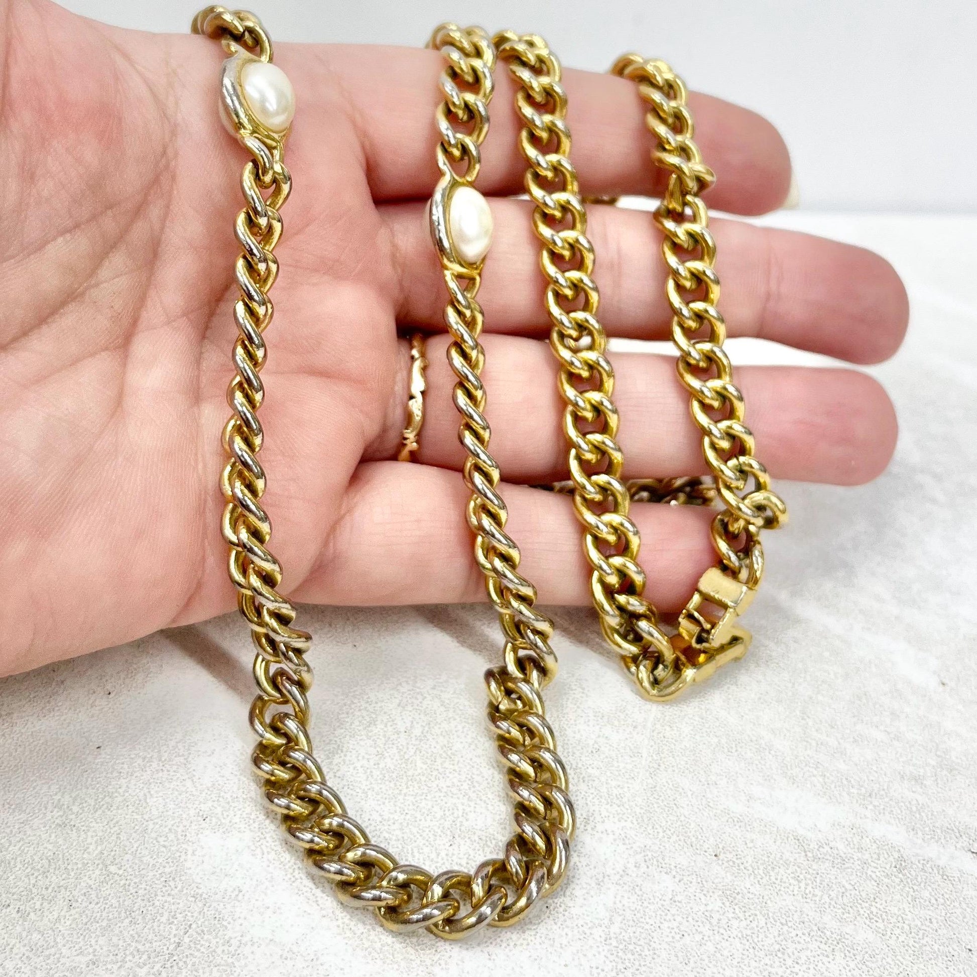 Vintage Long Gold Plate Curb Chain Necklace with Faux Pearl Accents 36” Long MillyOliverVintage