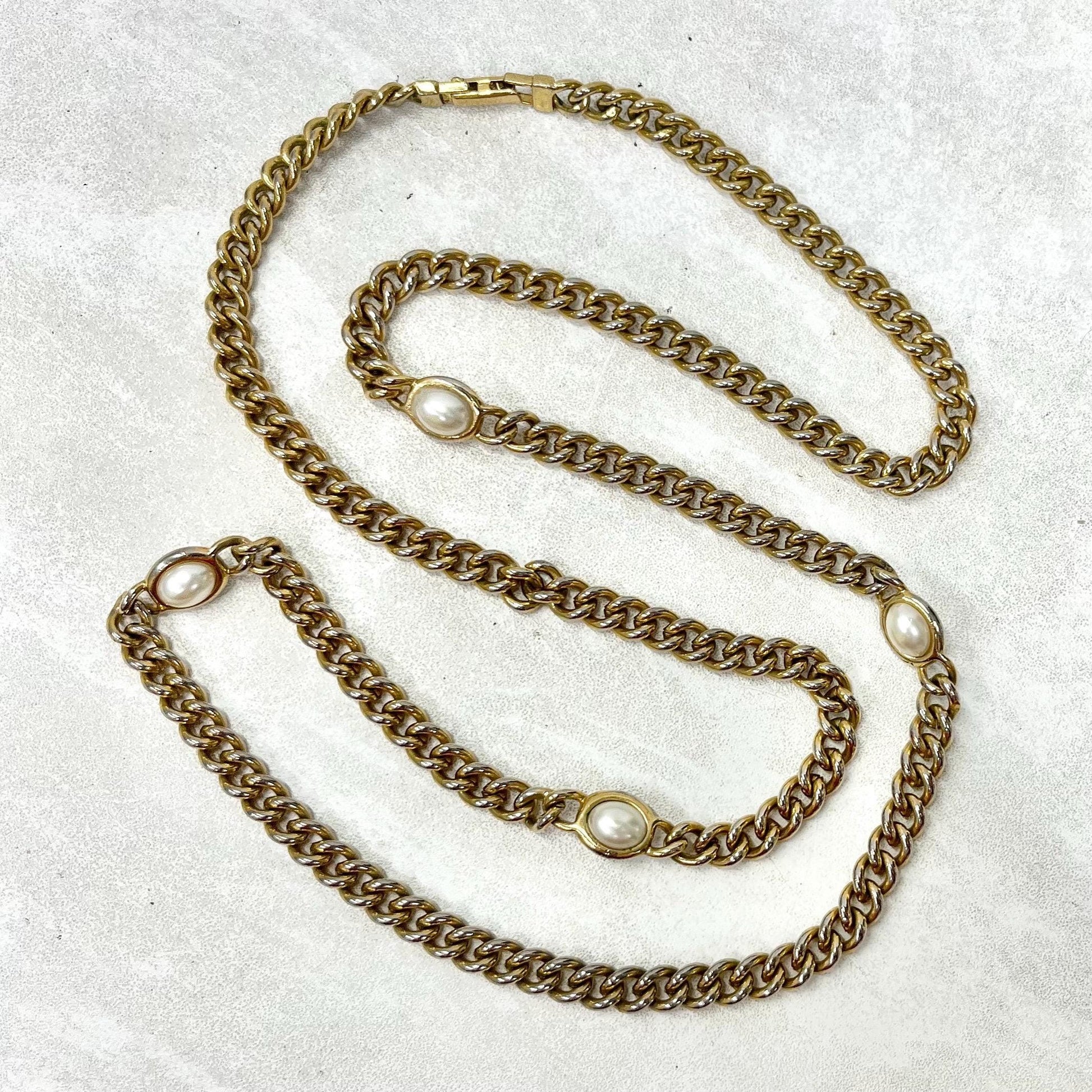 Vintage Long Gold Plate Curb Chain Necklace with Faux Pearl Accents 36” Long MillyOliverVintage