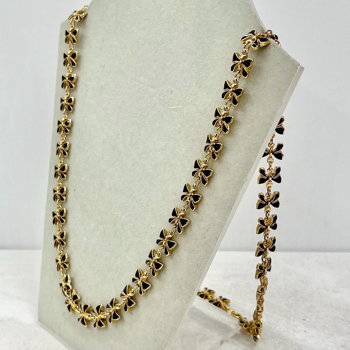 Vintage Unusual Gold Plate Black Enamelled Butterfly Link Necklace 28” Long MillyOliverVintage