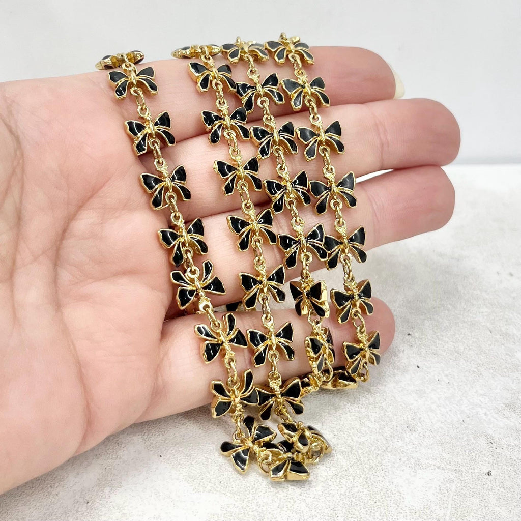 Vintage Unusual Gold Plate Black Enamelled Butterfly Link Necklace 28” Long MillyOliverVintage