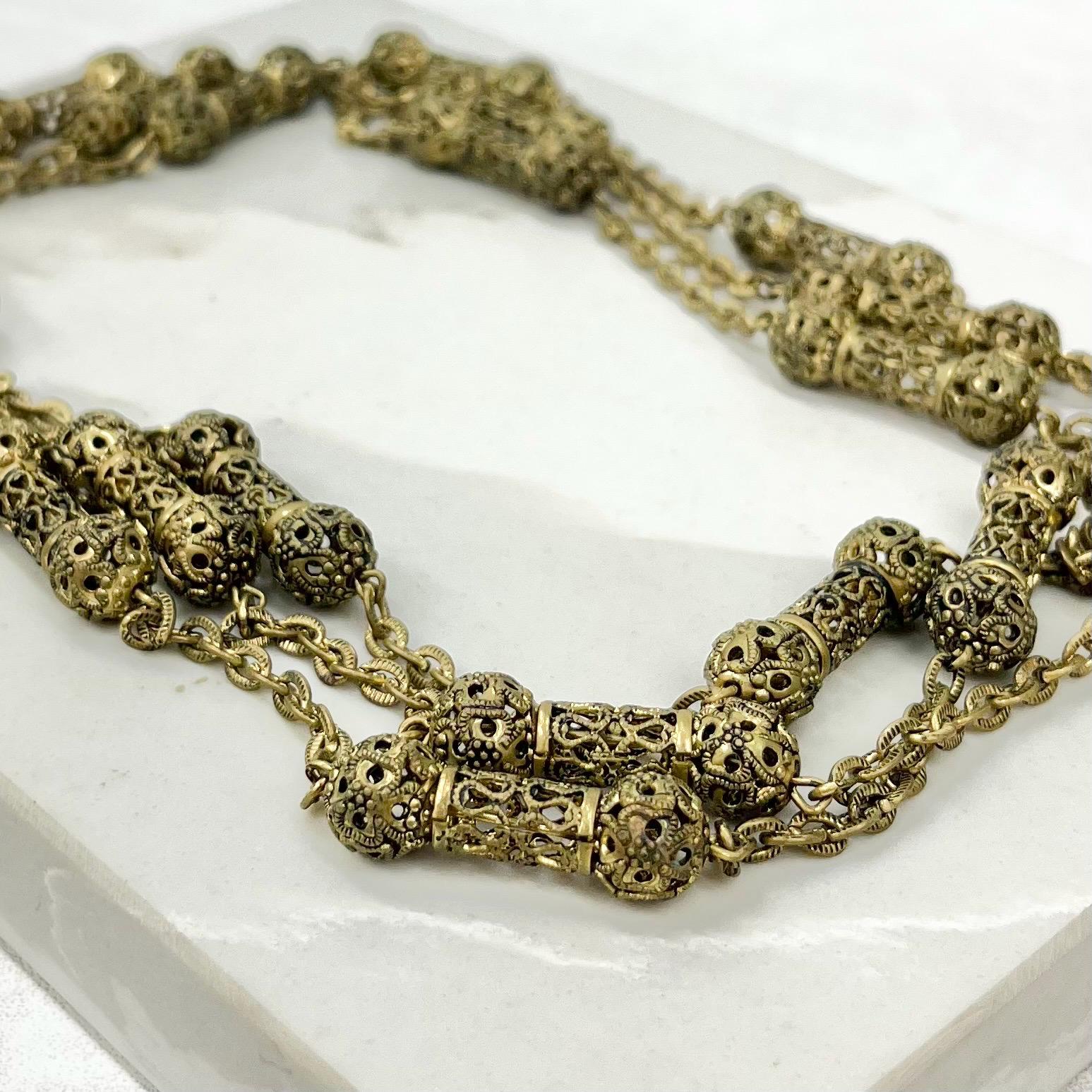 Vintage Brass Filigree Bead Link Chain Necklace 62” Long with No Clasp MillyOliverVintage