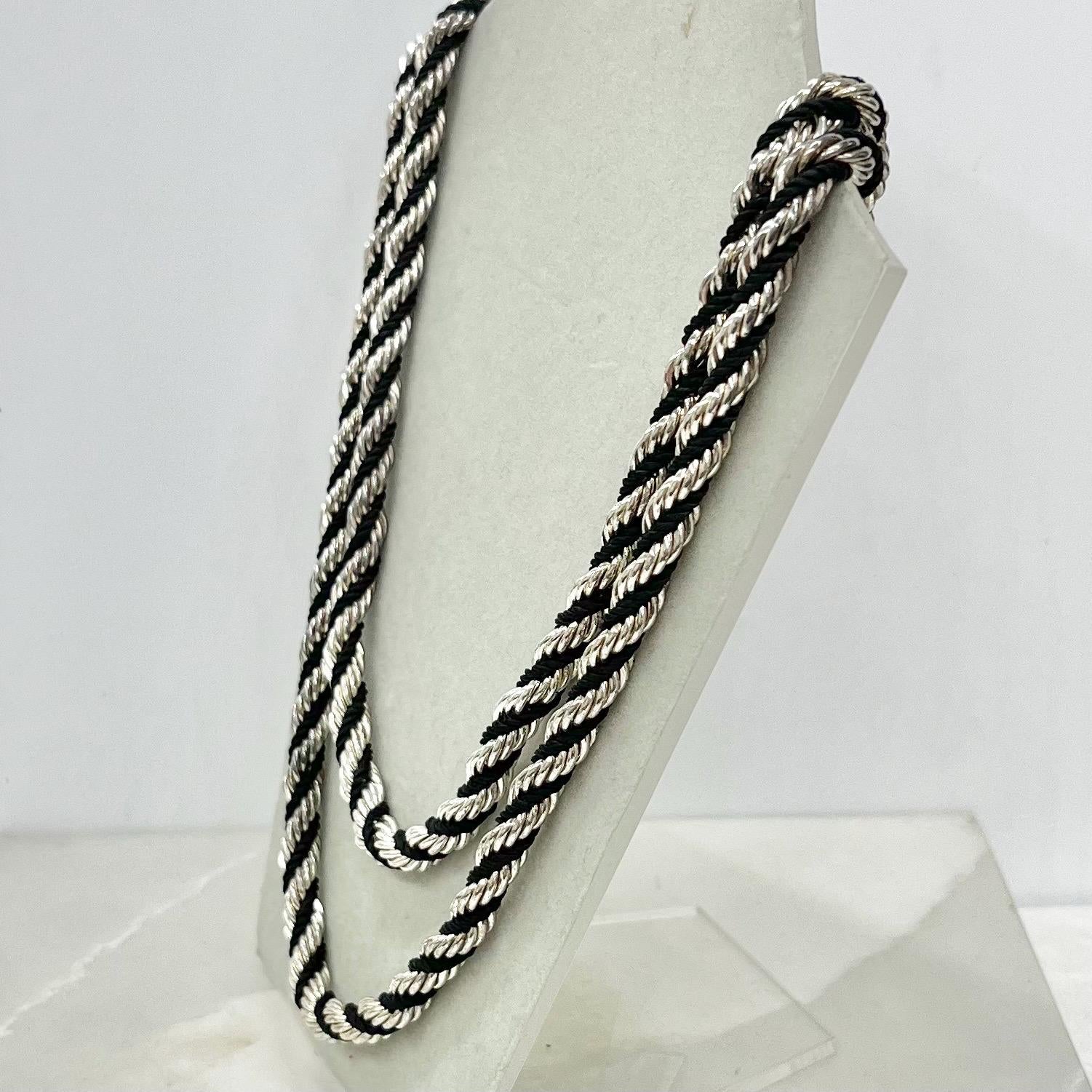 Vintage Silver Plated & Black Cord Rope Twist Chain Necklace 1970’s - 1980’s Statement Power Chain MillyOliverVintage