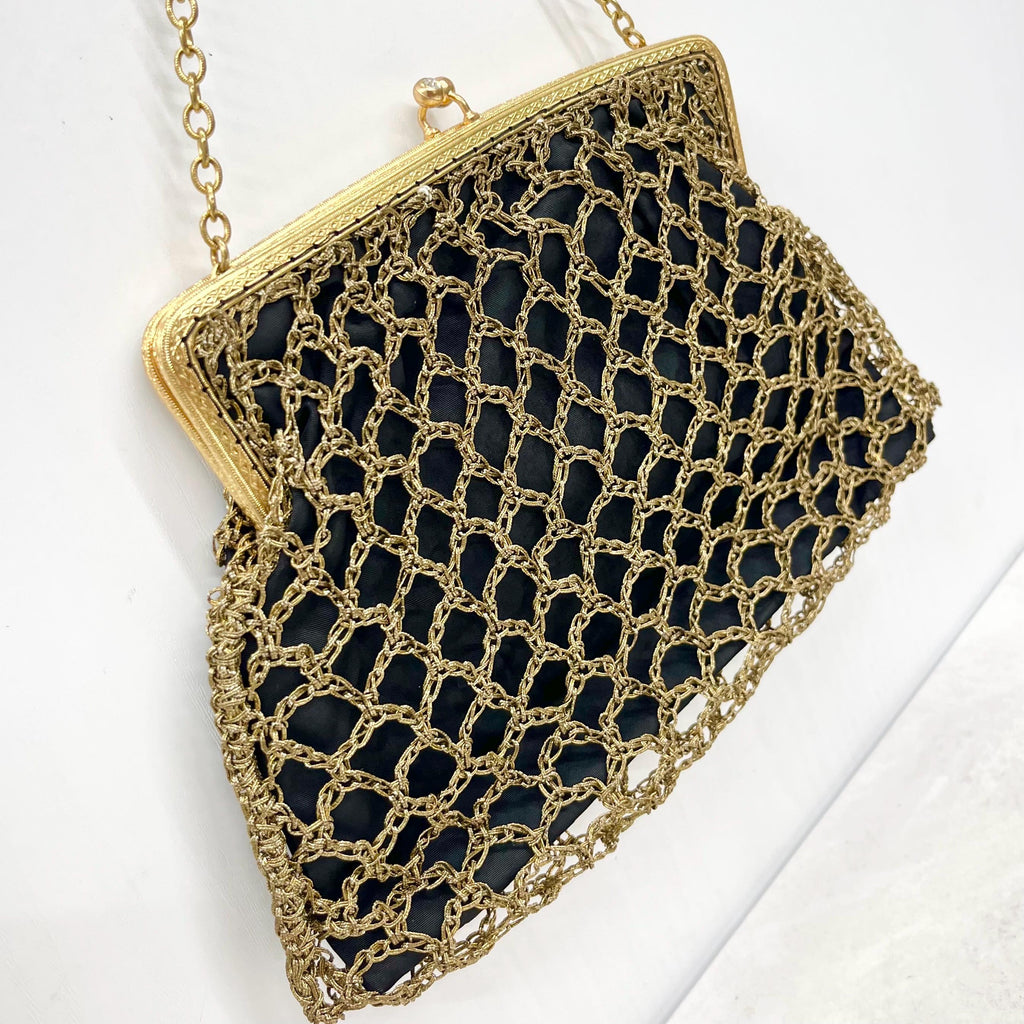 Vintage Black & Gold Metallic Crocheted Chain Link Evening Bag 1950’s MillyOliverVintage