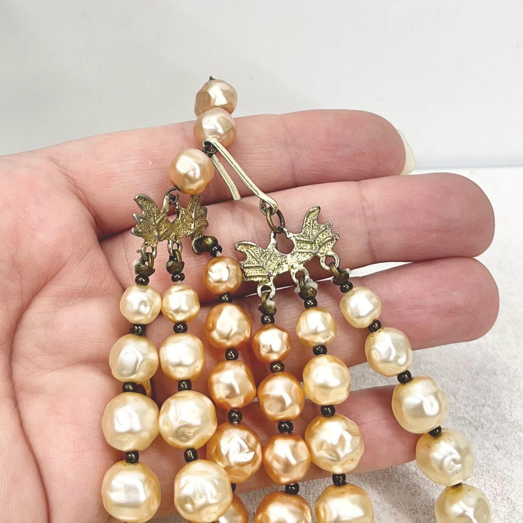Vintage 3 Strand Faux Pearl Graduated Bead Necklace Multi Strand Peach & Cream MillyOliverVintage