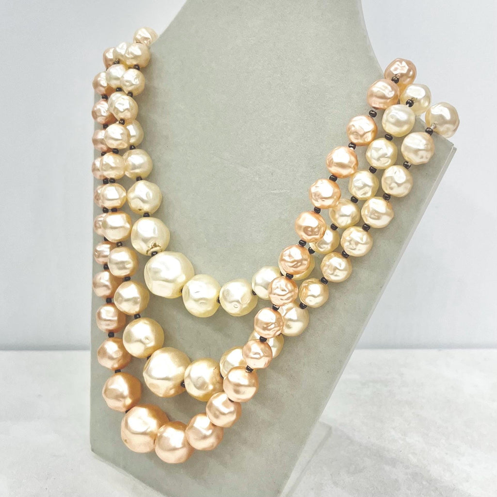 Vintage 3 Strand Faux Pearl Graduated Bead Necklace Multi Strand Peach & Cream MillyOliverVintage