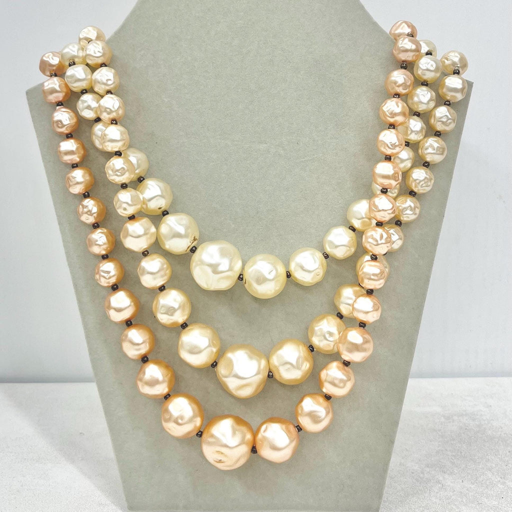 Vintage 3 Strand Faux Pearl Graduated Bead Necklace Multi Strand Peach & Cream MillyOliverVintage