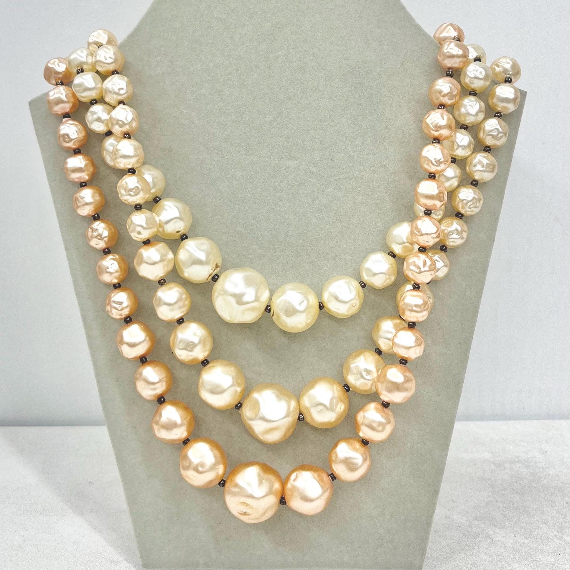 Vintage 3 Strand Faux Pearl Graduated Bead Necklace Multi Strand Peach & Cream MillyOliverVintage