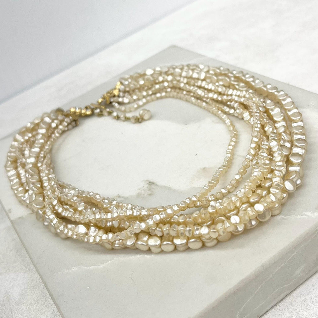 Vintage 8 Strand Faux Pearl Bead Necklace Multi Strand Cream with Diamante Hook Clasp MillyOliverVintage