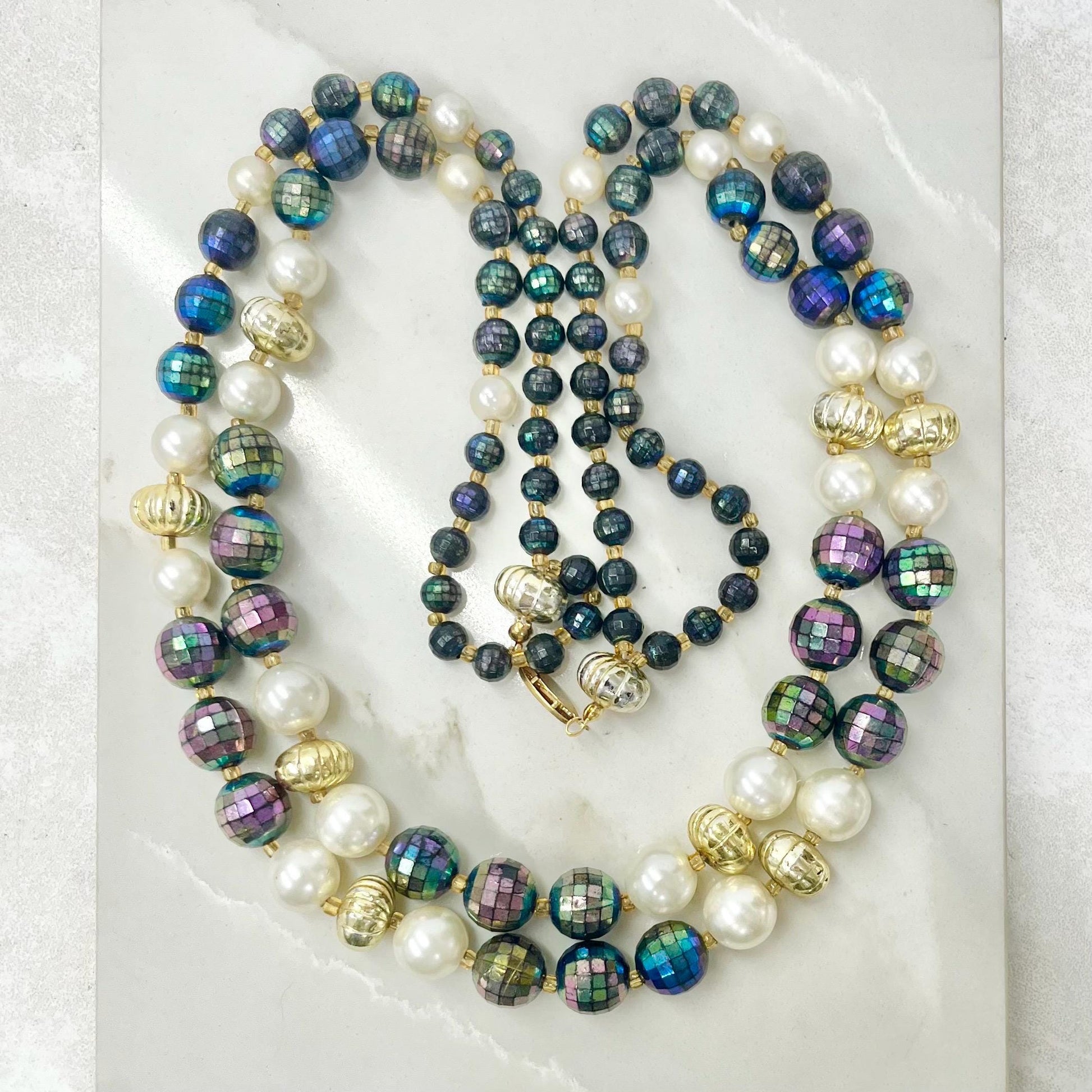Vintage 2 Strand Faux Pearl & Blue Iridescent Disco Bead Necklace MillyOliverVintage