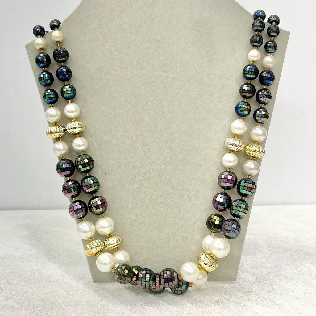 Vintage 2 Strand Faux Pearl & Blue Iridescent Disco Bead Necklace MillyOliverVintage