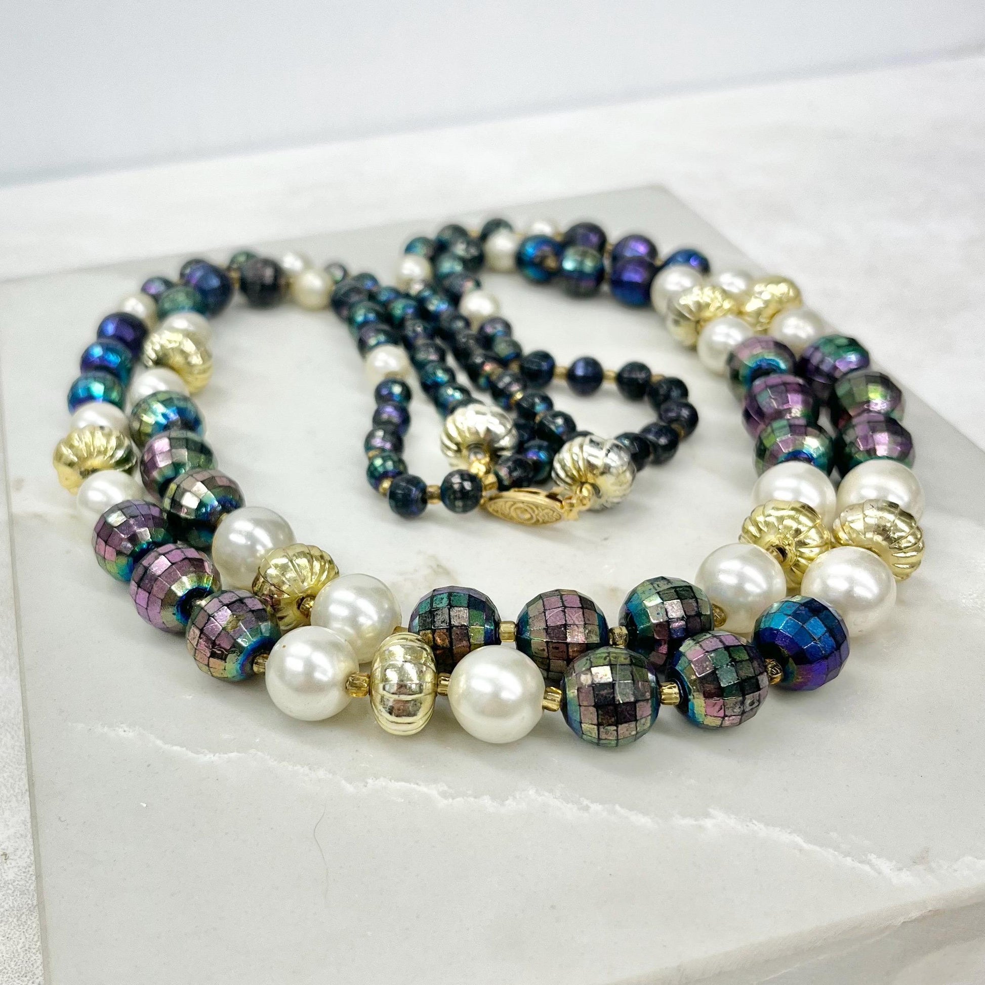 Vintage 2 Strand Faux Pearl & Blue Iridescent Disco Bead Necklace MillyOliverVintage