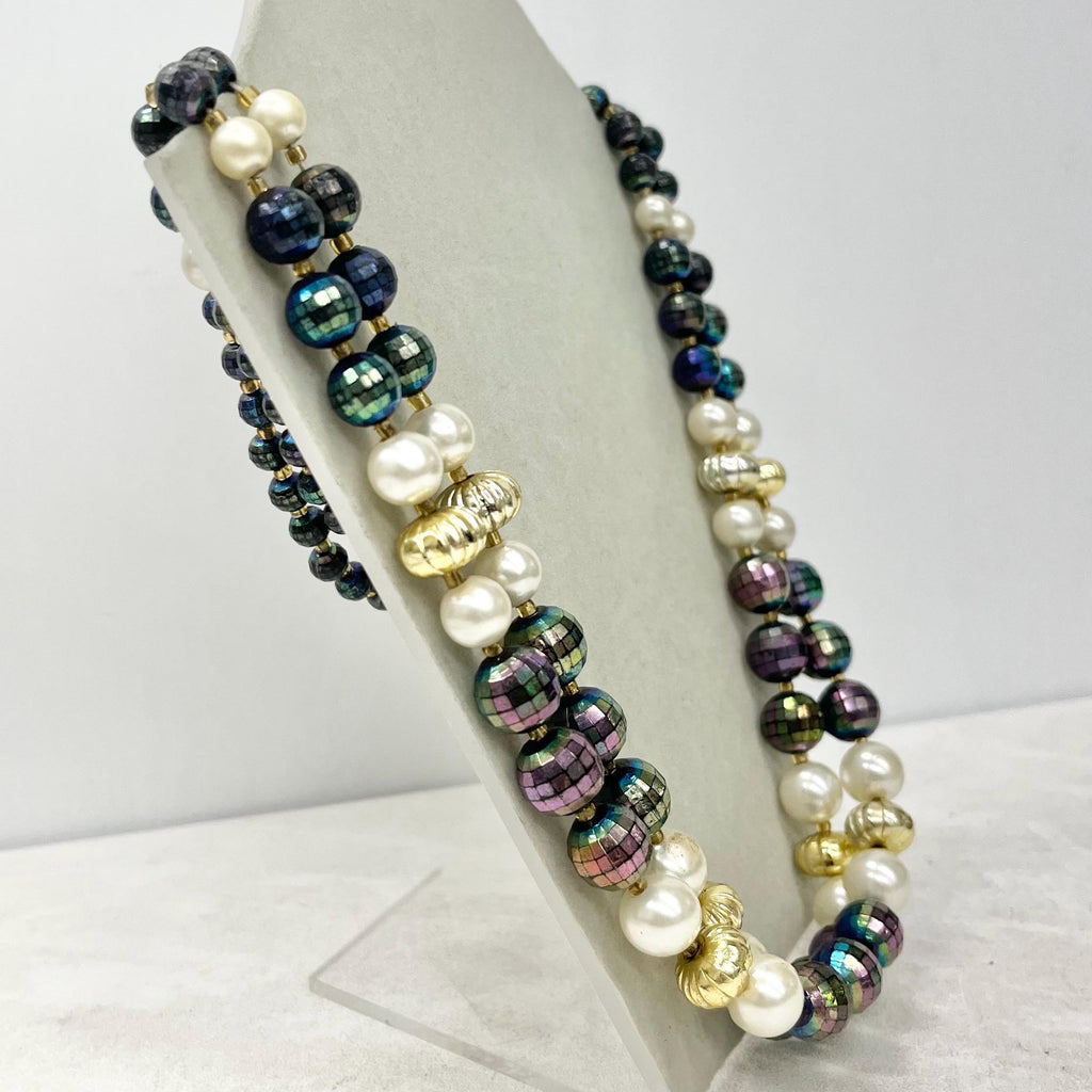 Vintage 2 Strand Faux Pearl & Blue Iridescent Disco Bead Necklace MillyOliverVintage