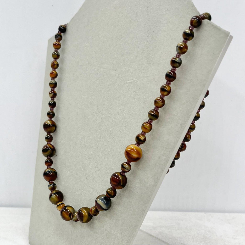 Vintage 1950’s 1960’s Brown Striped Czech Glass Bead Necklace 23.5” Long MillyOliverVintage
