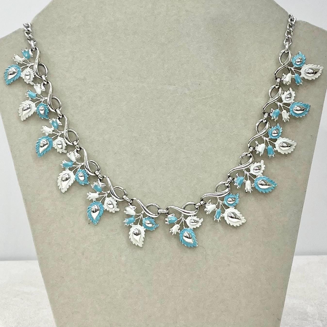 Vintage Leaf Design Silver Tone Blue Enamelled Chain Necklace with a Hook Clasp 18” Long Adjustable MillyOliverVintage