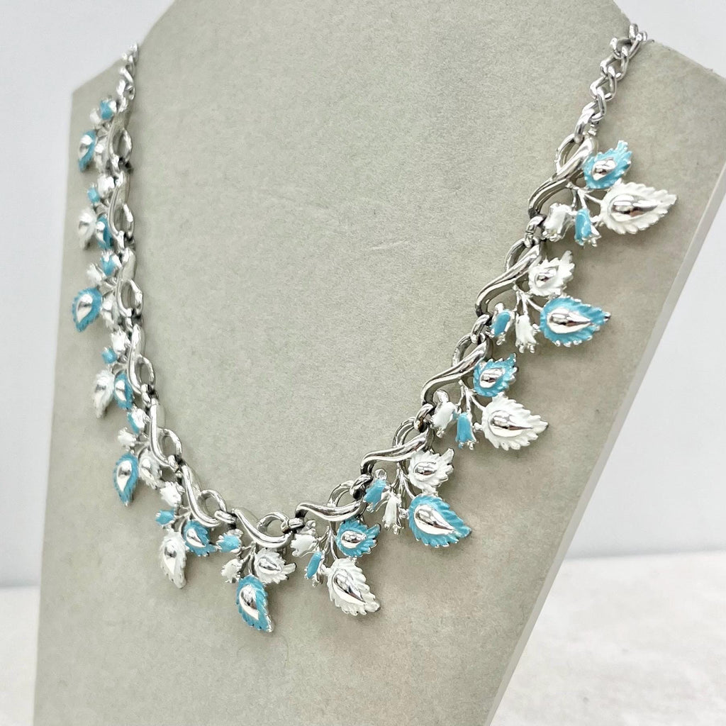 Vintage Leaf Design Silver Tone Blue Enamelled Chain Necklace with a Hook Clasp 18” Long Adjustable MillyOliverVintage