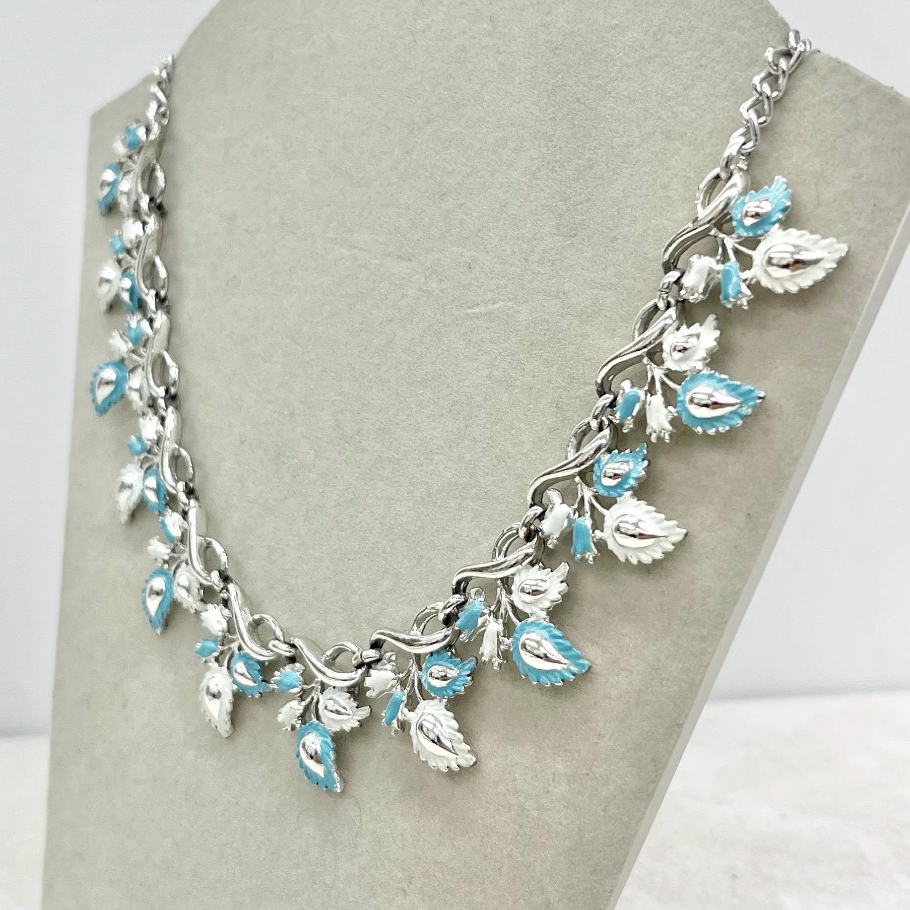 Vintage Leaf Design Silver Tone Blue Enamelled Chain Necklace with a Hook Clasp 18” Long Adjustable MillyOliverVintage