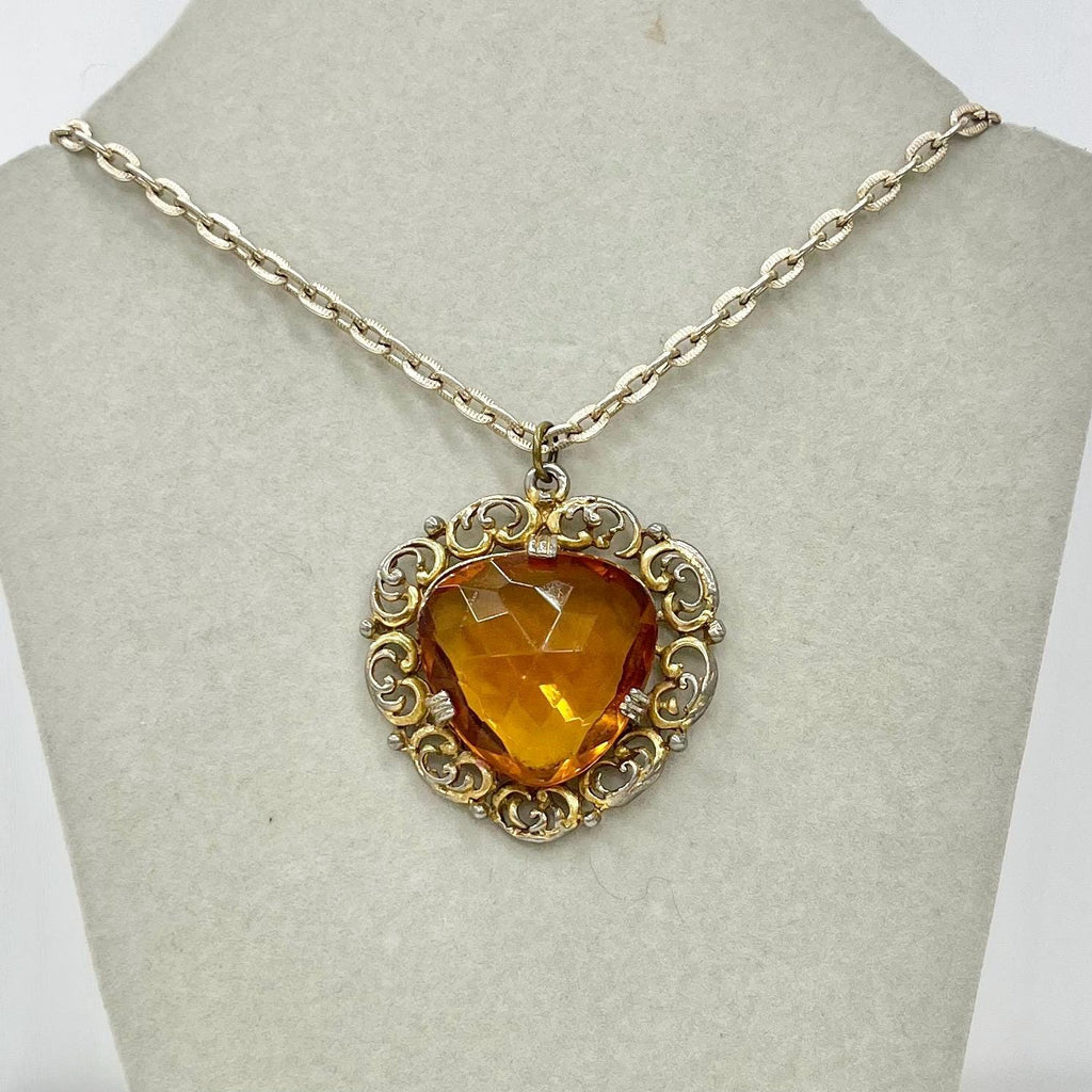 Vintage 1960‘s Gold Tone Large Amber Glass Pendant Necklace with a 28” Chain MillyOliverVintage