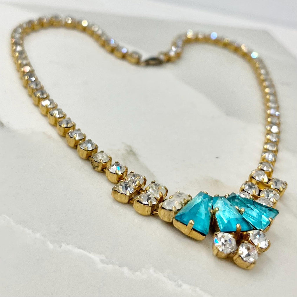 Vintage Gold Tone Turquoise and Clear Crystal Necklace: 1960s Diamante Sparkle MillyOliverVintage