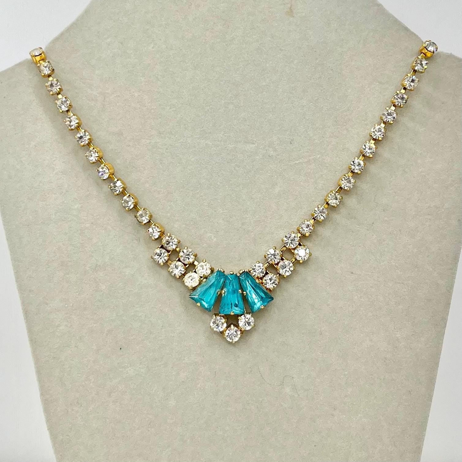 Vintage Gold Tone Turquoise and Clear Crystal Necklace: 1960s Diamante Sparkle MillyOliverVintage