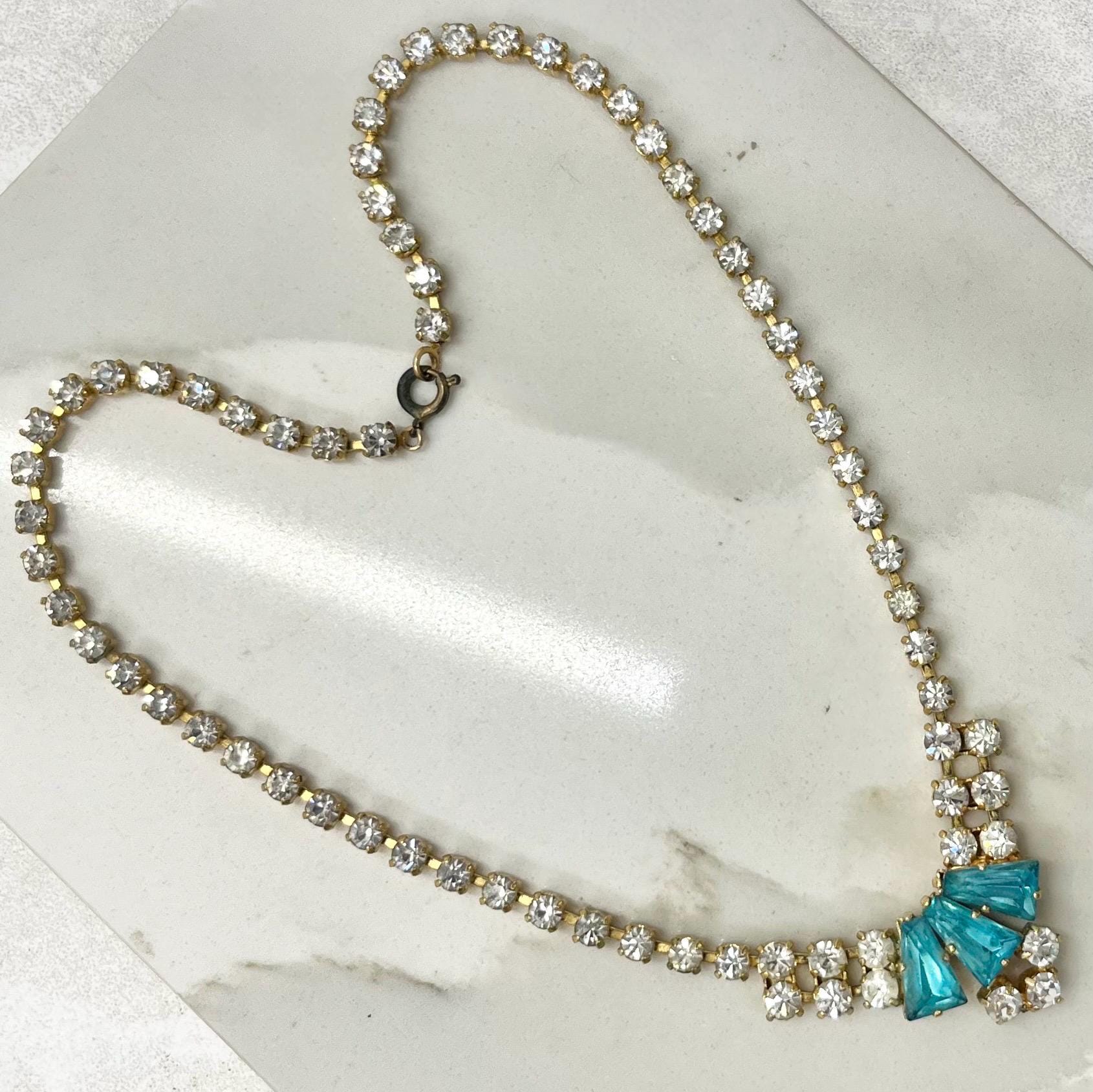 Vintage Gold Tone Turquoise and Clear Crystal Necklace: 1960s Diamante Sparkle MillyOliverVintage