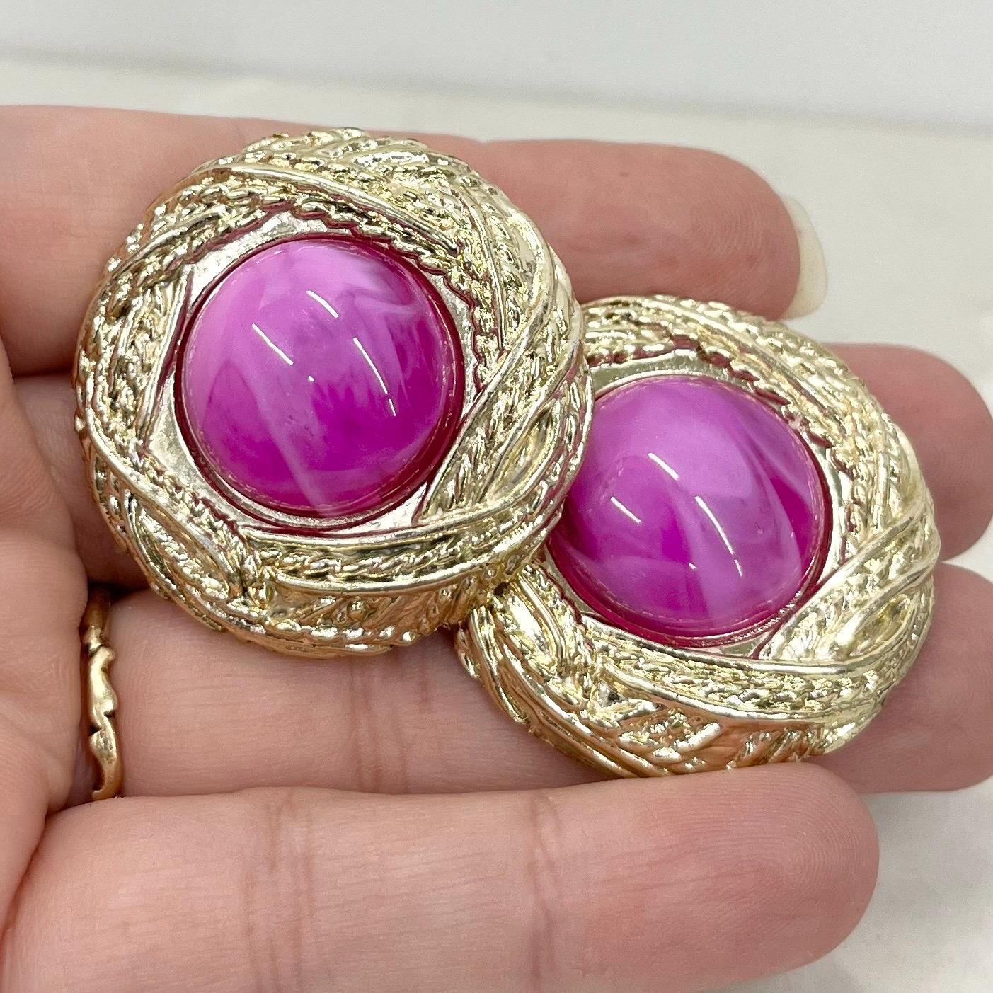 Vintage Large Acrylic Round Magenta Pink Swirl Domed Statement Earrings Gold Tone for Pierced Ears 1980’s - 1990’s MillyOliverVintage